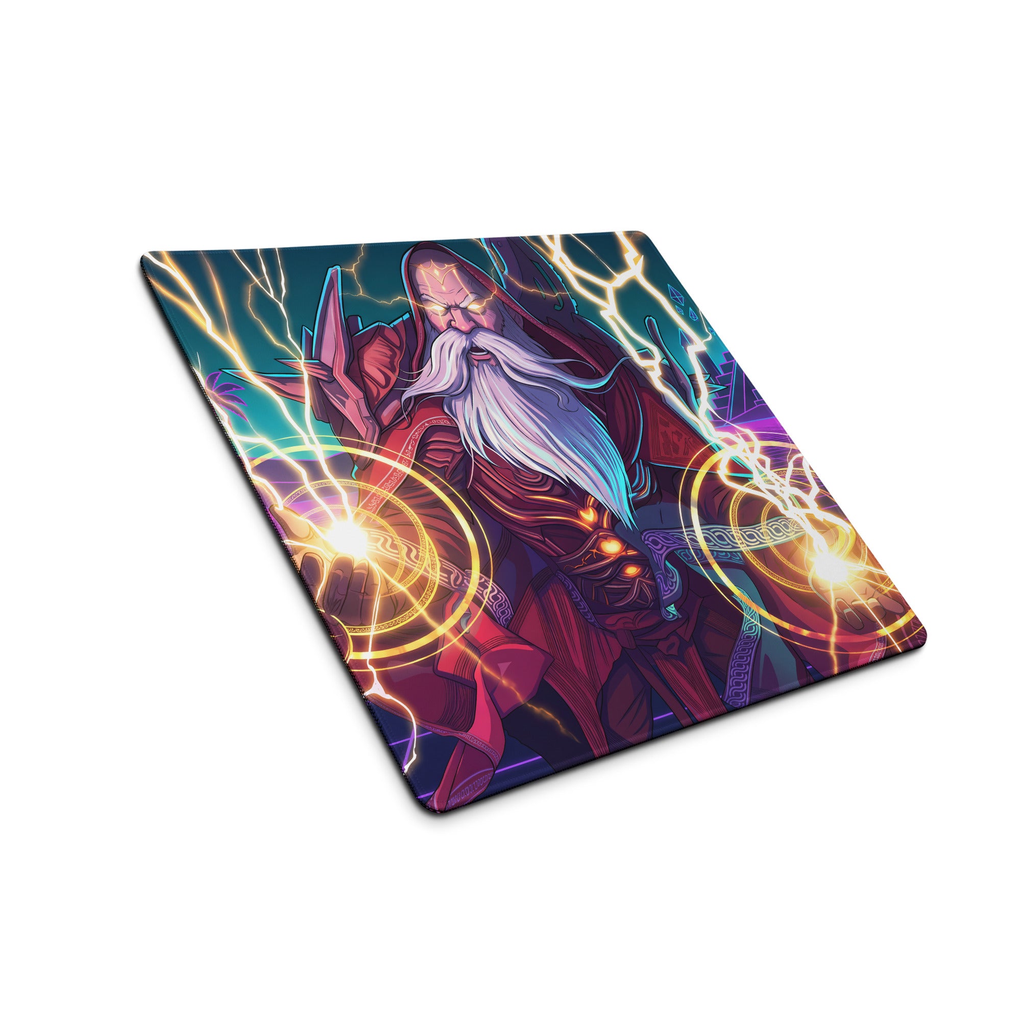 Vibrant red and gold vaporwave wizard neon console mat with glowing lightning effects for epic gaming desks