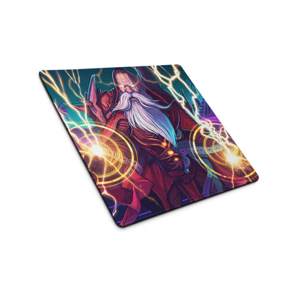 Vibrant red and gold vaporwave wizard neon console mat with glowing lightning effects for epic gaming desks