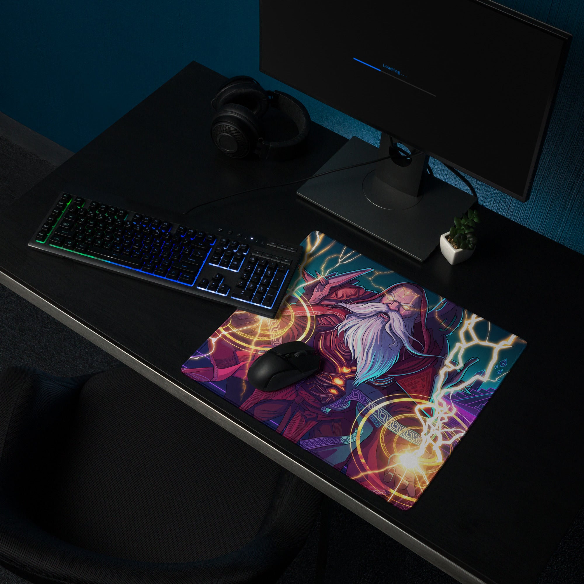 Vibrant vaporwave wizard neon console mat gaming mousepad with glowing lightning effects in purple, blue, and gold accents