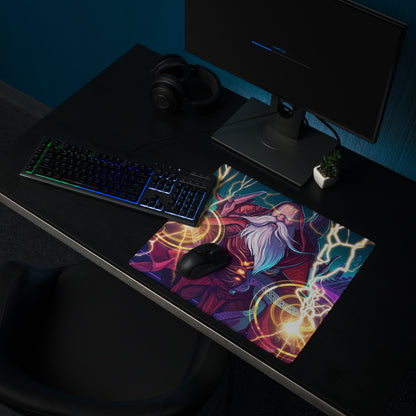 Vibrant vaporwave wizard neon console mat gaming mousepad with glowing lightning effects in purple, blue, and gold accents
