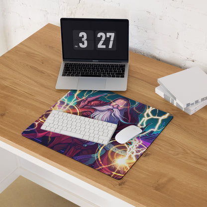 Vibrant vaporwave wizard neon purple blue gaming mousepad with dynamic lightning illustration on a durable desk mat
