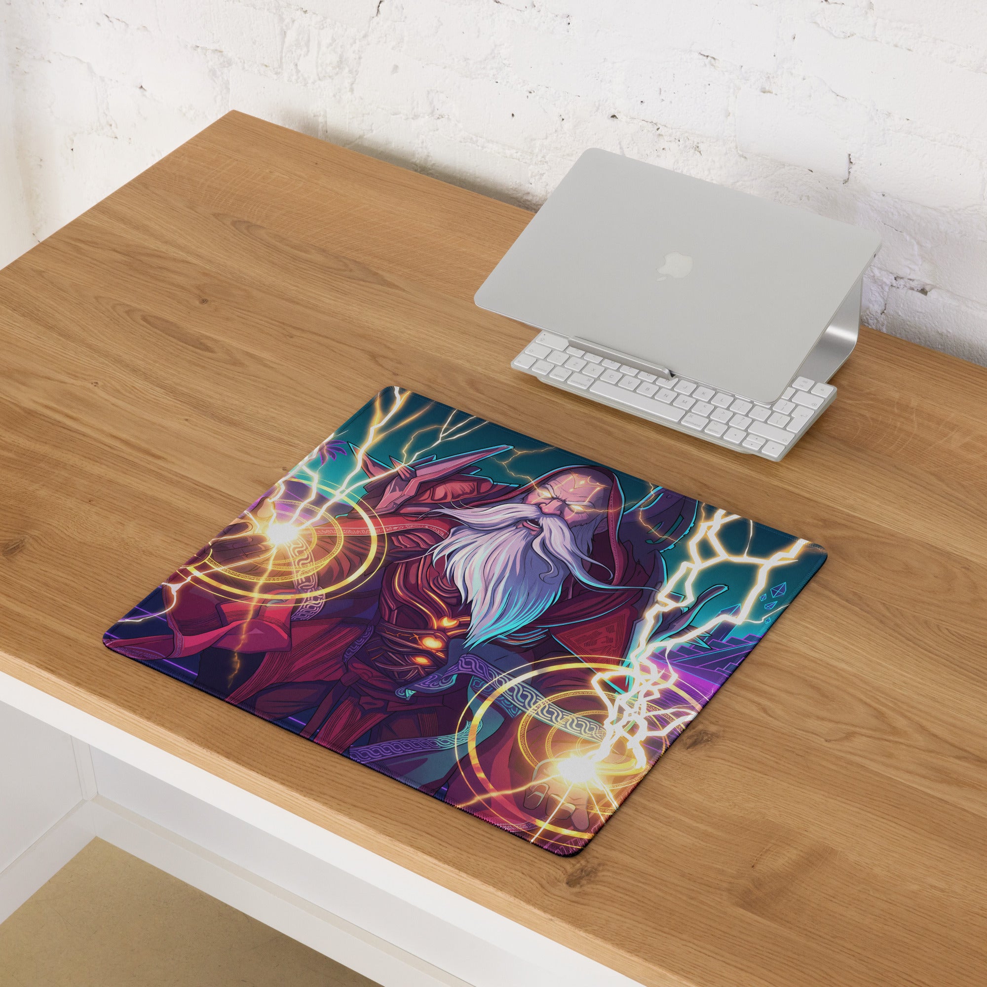 Vibrant rectangular vaporwave wizard neon console mat with red-robed wizard and glowing lightning effects for gaming desk
