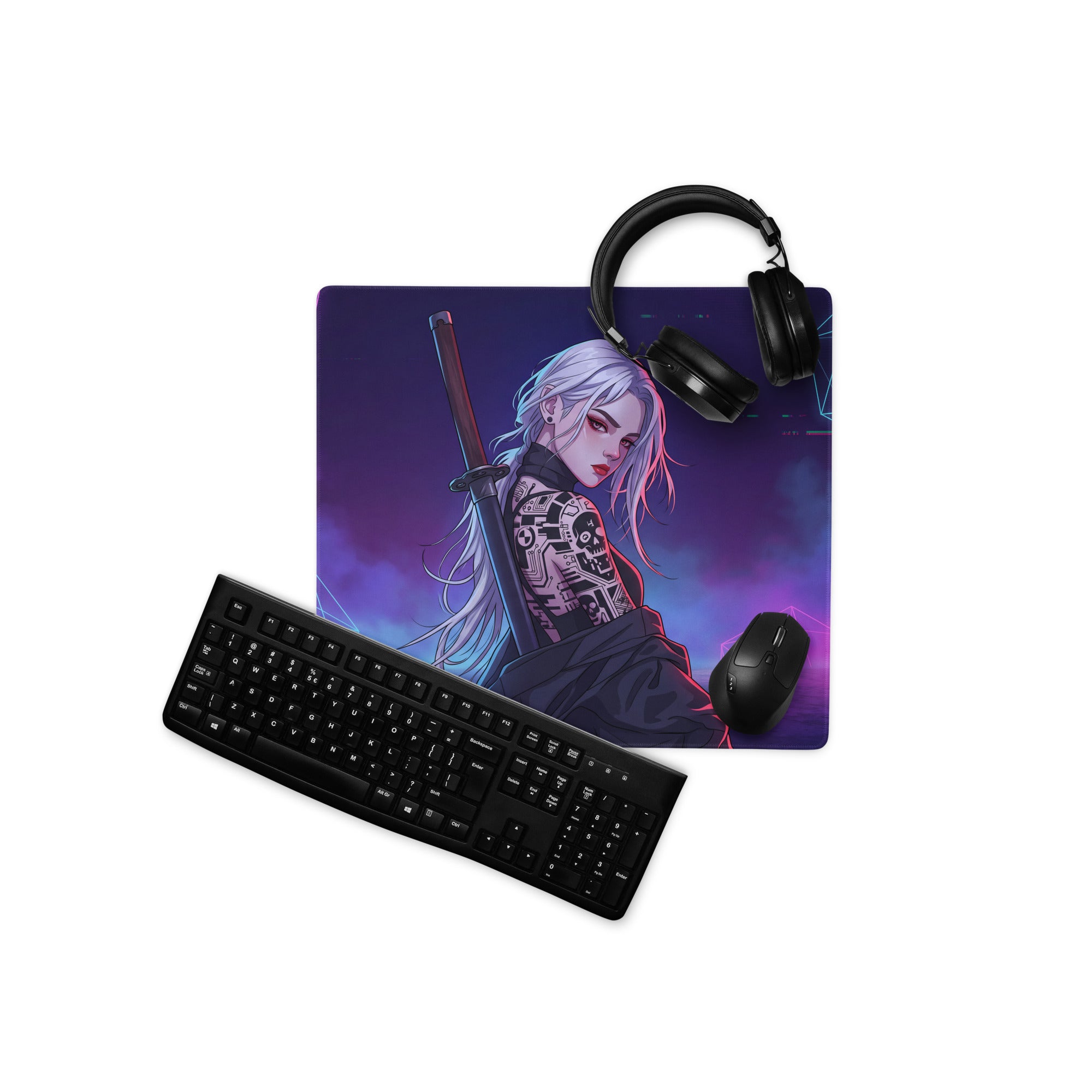 Purple and black gaming mousepad with a stylized anime warrior featuring silver hair tattoos and a sword in neon vaporwave style