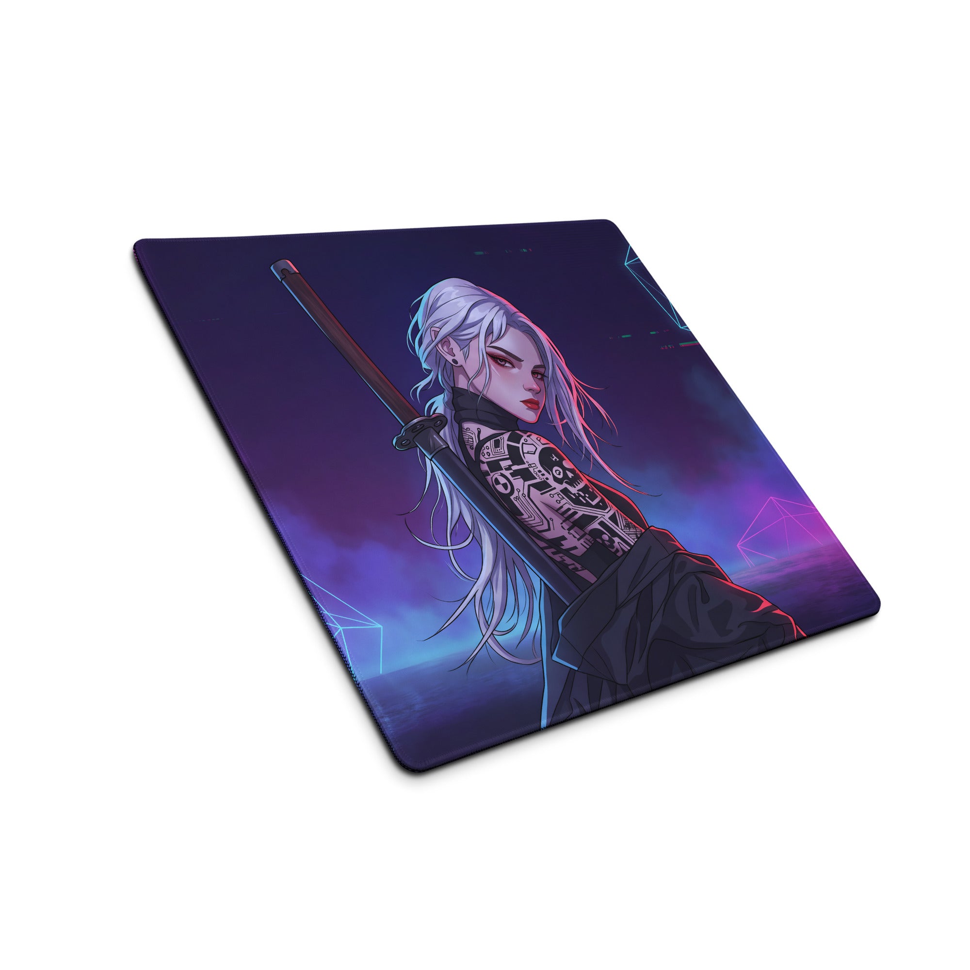 Navy blue rectangular mousepad featuring a silver-haired anime warrior with tattoos holding a sword in a neon vaporwave design