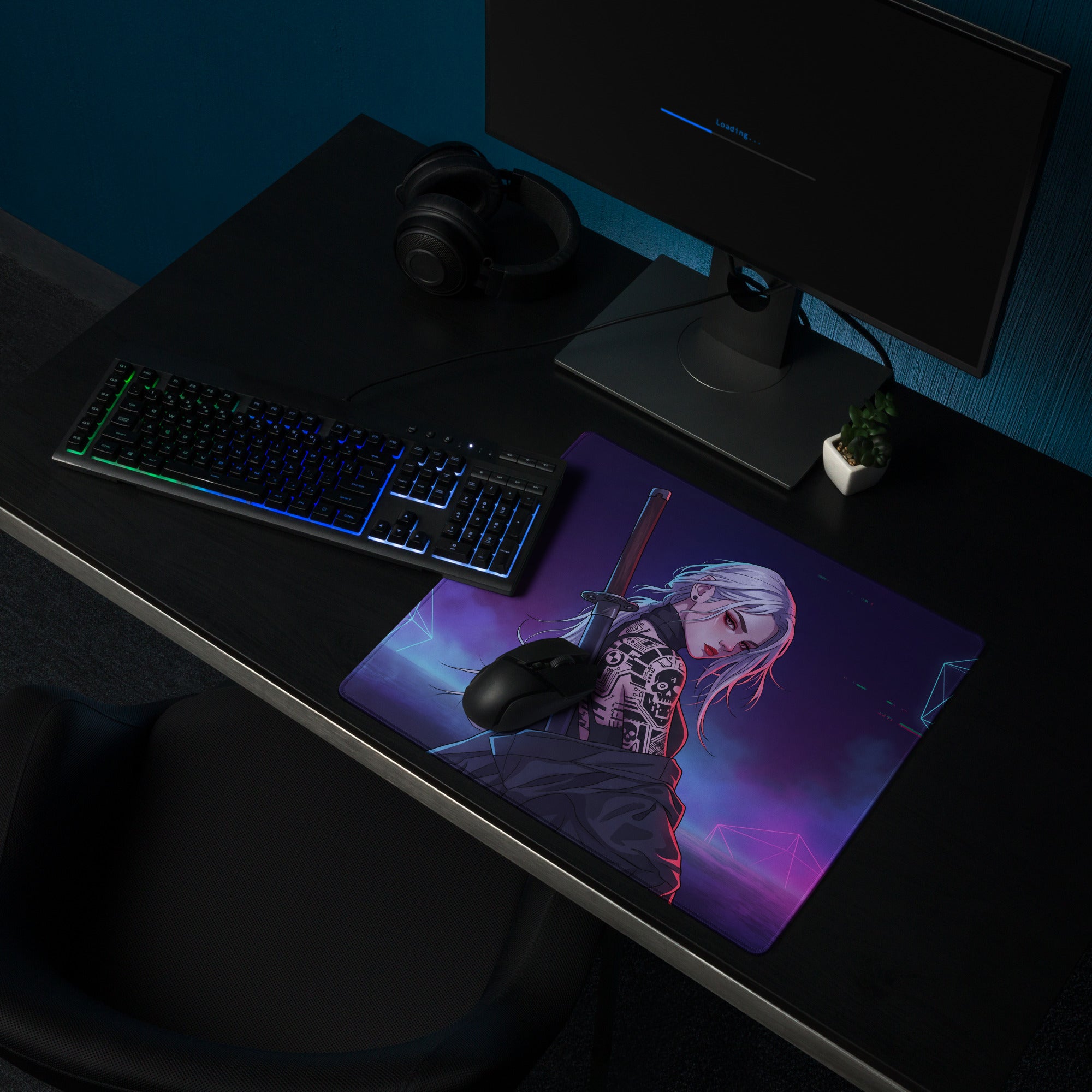Purple and black anime-themed gaming mousepad with silver-haired character holding sword neon vaporwave design