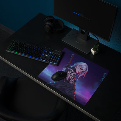 Purple and black anime-themed gaming mousepad with silver-haired character holding sword neon vaporwave design