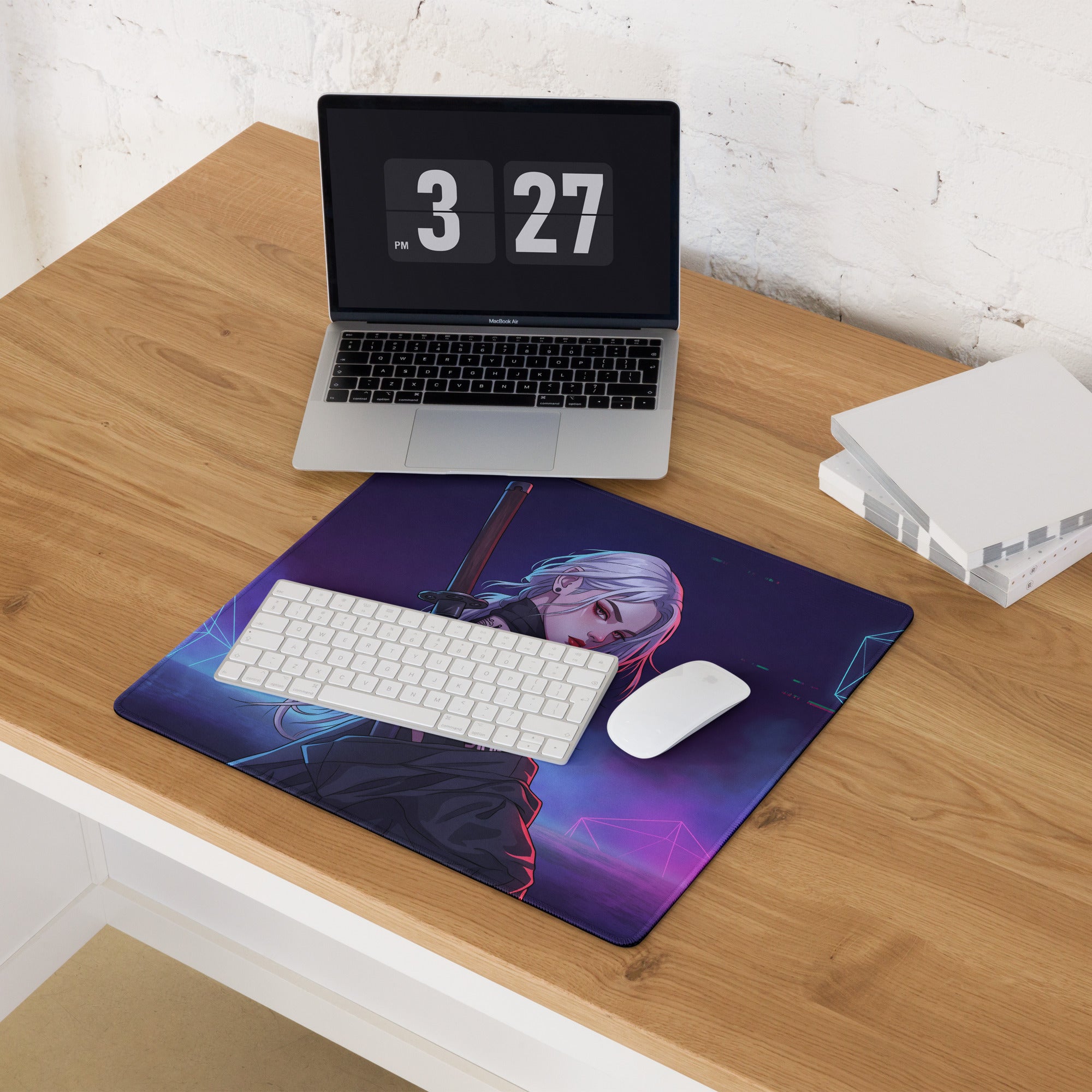 Purple and blue anime-themed mousepad featuring a silver-haired character with neon vaporwave warrior design