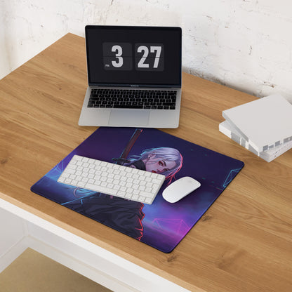 Purple and blue anime-themed mousepad featuring a silver-haired character with neon vaporwave warrior design