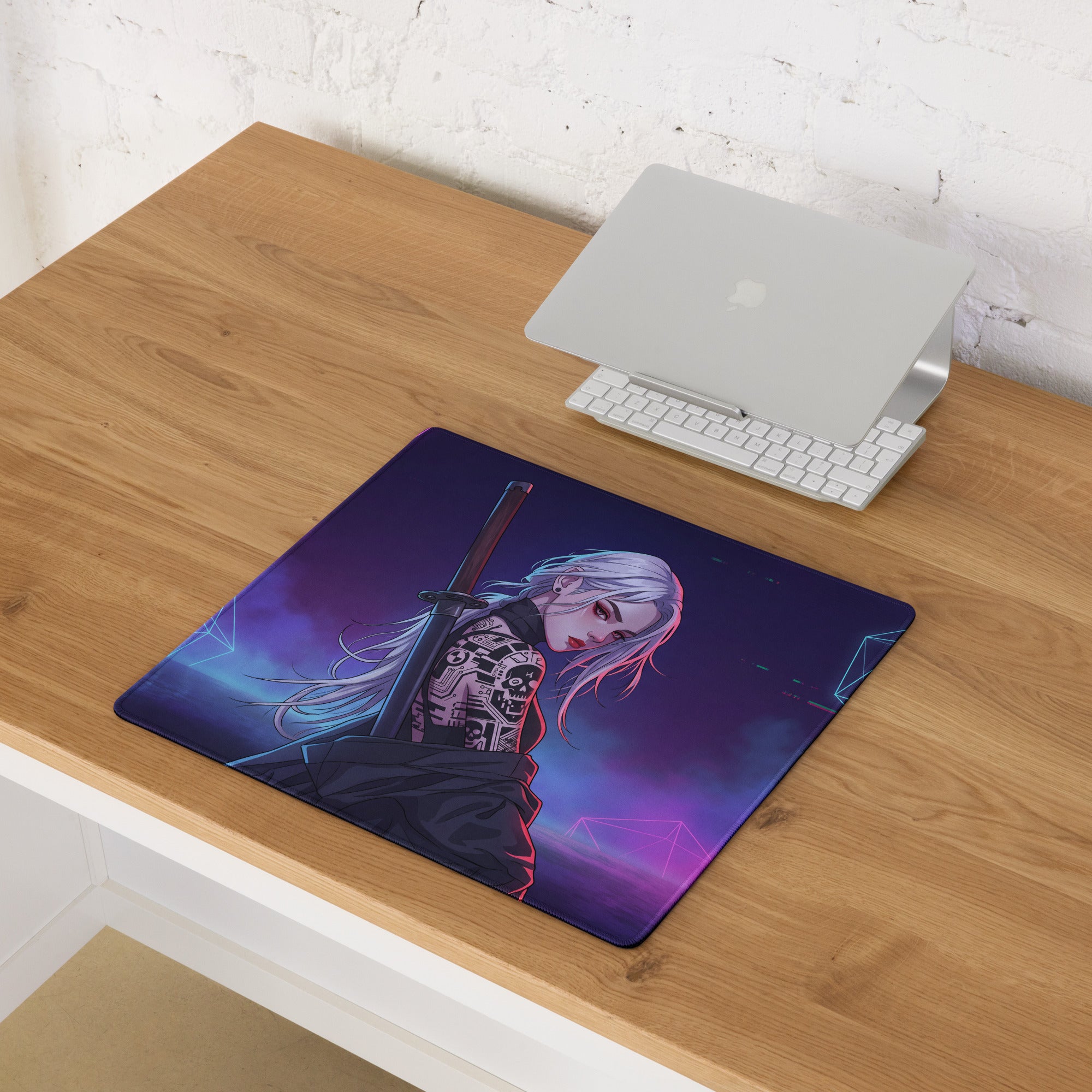 Purple and blue anime-themed mousepad with silver-haired warrior holding sword neon vaporwave gaming design