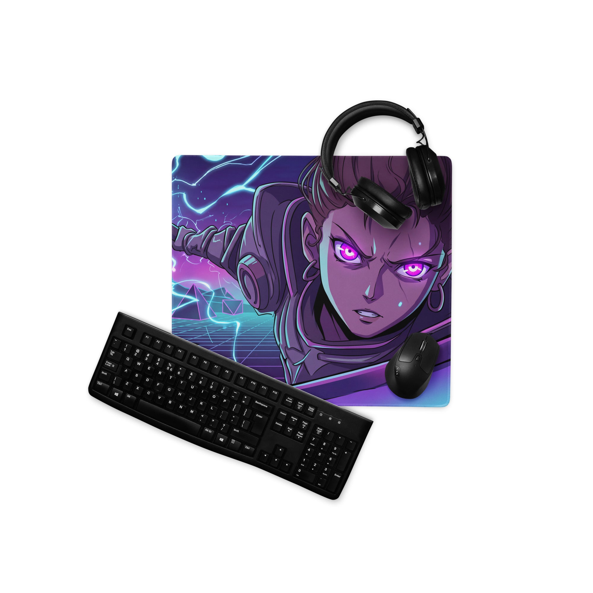 Vaporwave neon night mouse pad with vibrant purple and blue anime character and black gaming peripherals