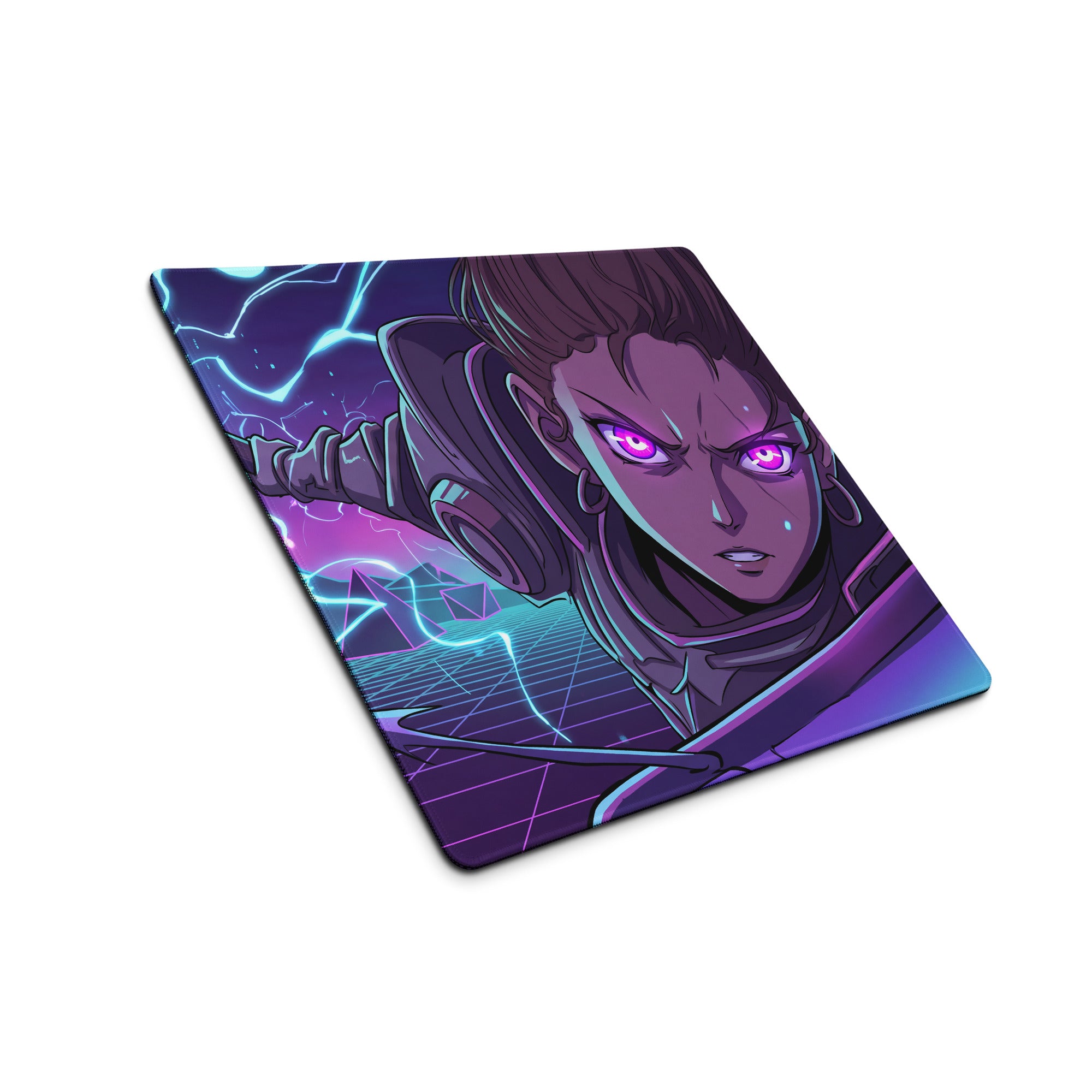 Vibrant purple neon blue vaporwave mouse pad with stylized character and glowing eyes for gaming desks