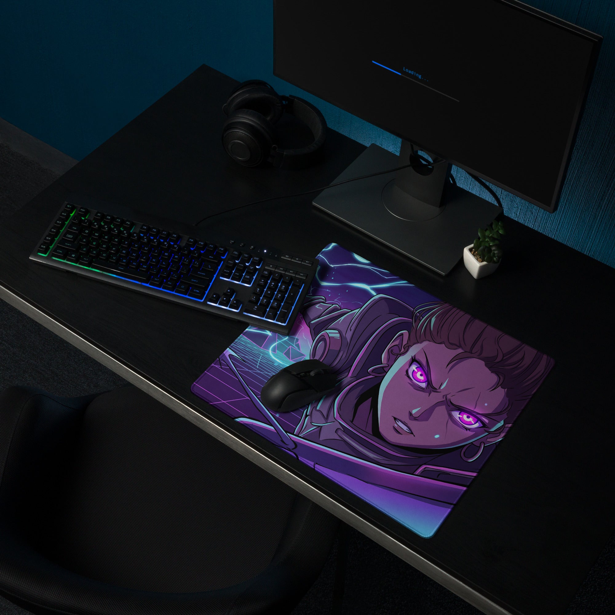 Purple and blue vaporwave neon night gaming mouse pad featuring a stylized character with glowing eyes for desks