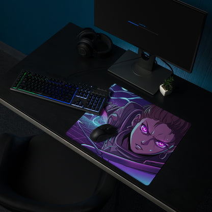 Purple and blue vaporwave neon night gaming mouse pad featuring a stylized character with glowing eyes for desks