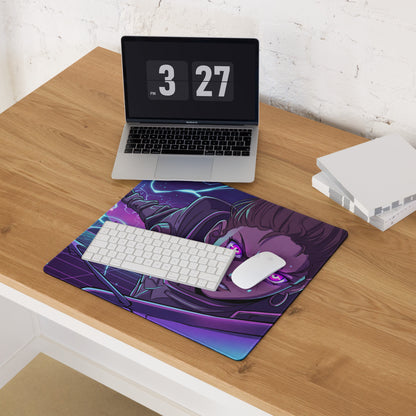 Purple and blue illustrated vaporwave mouse pad with futuristic cyberpunk design for energetic gaming desks