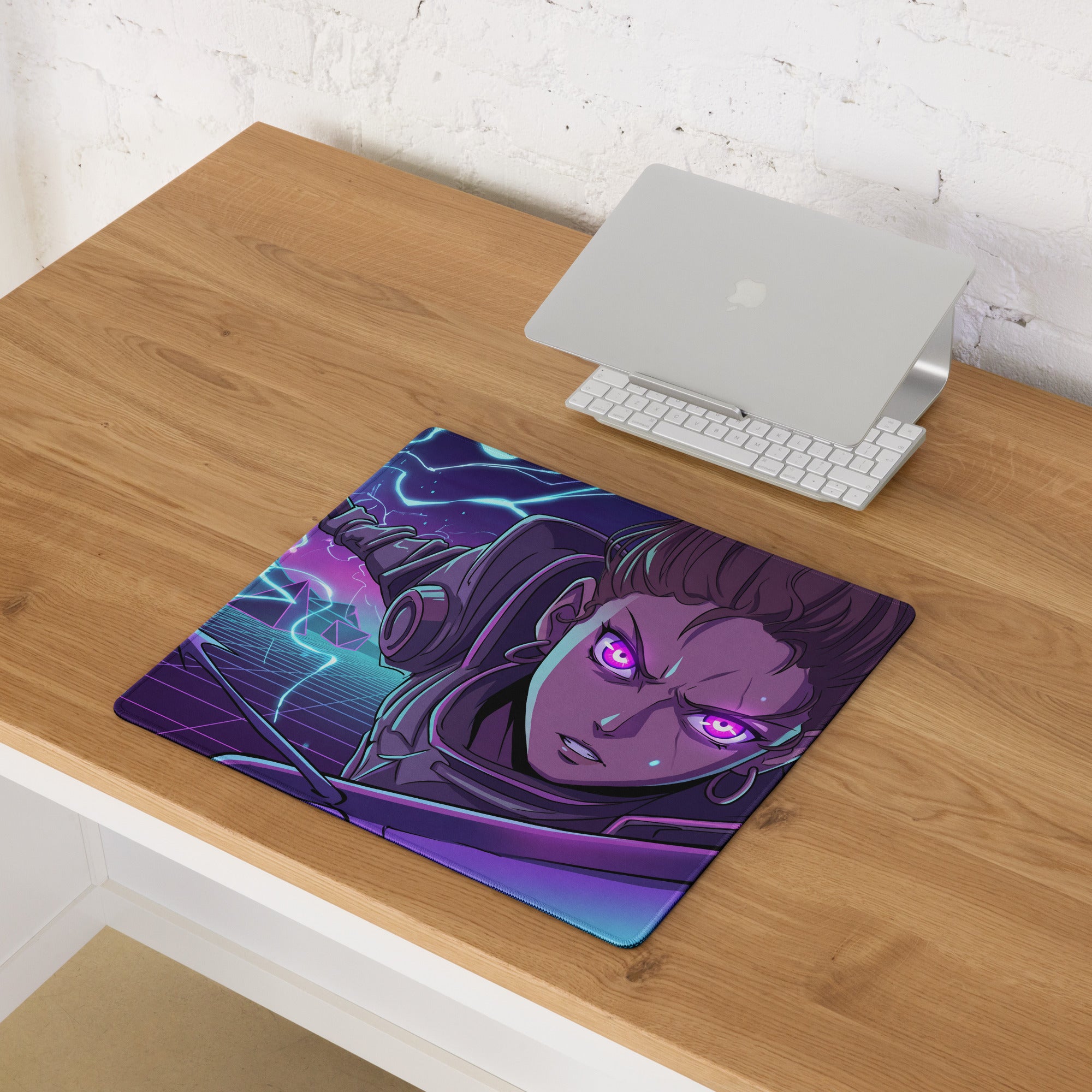 Vaporwave neon night mouse pad with purple blue neon anime character and glowing eyes for cyberpunk gaming desk