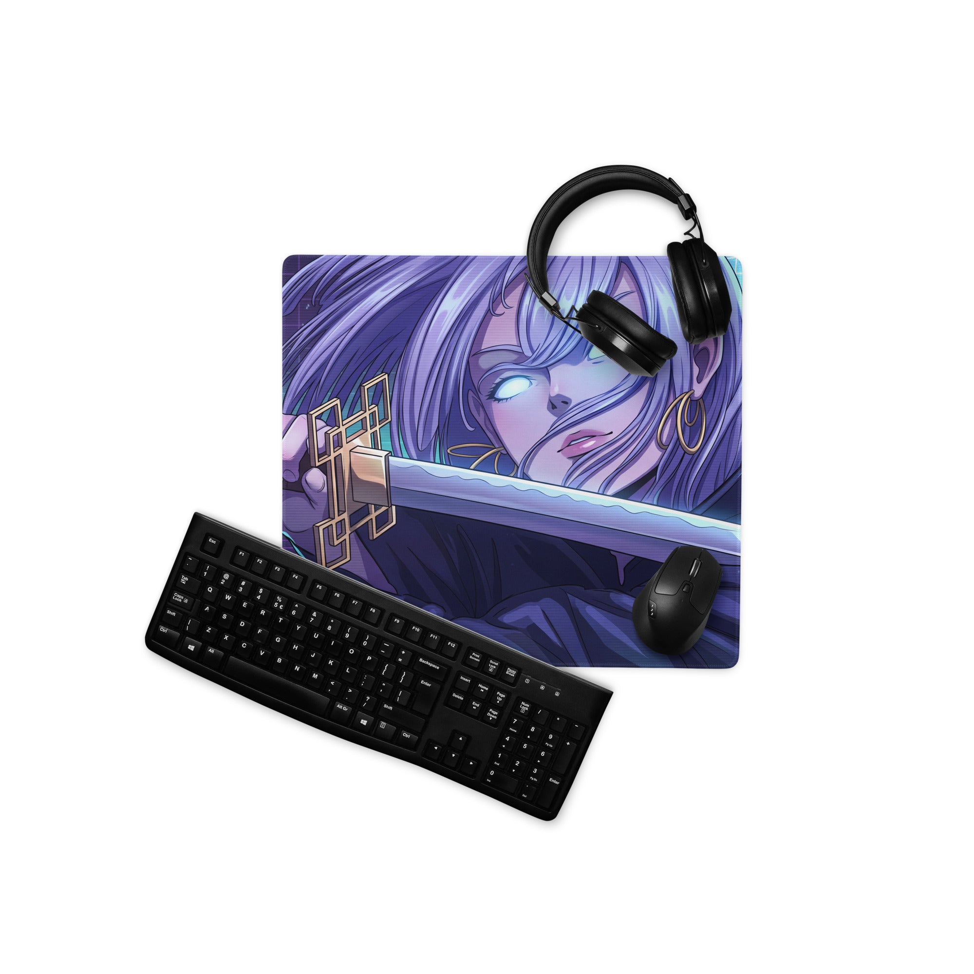 Purple vaporwave neon anime mousepad featuring a long silver hair character with glowing blue eyes and golden sword hilt details