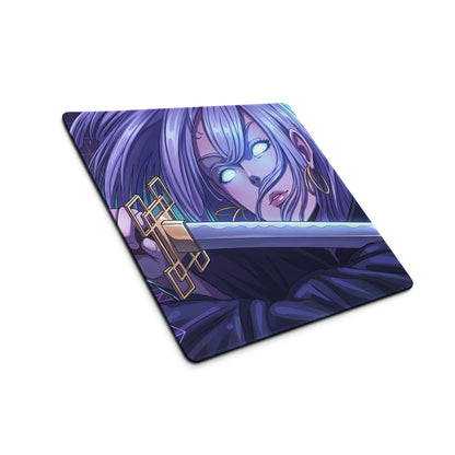 Purple and blue vaporwave neon anime mousepad featuring silver haired character with glowing eyes holding golden sword
