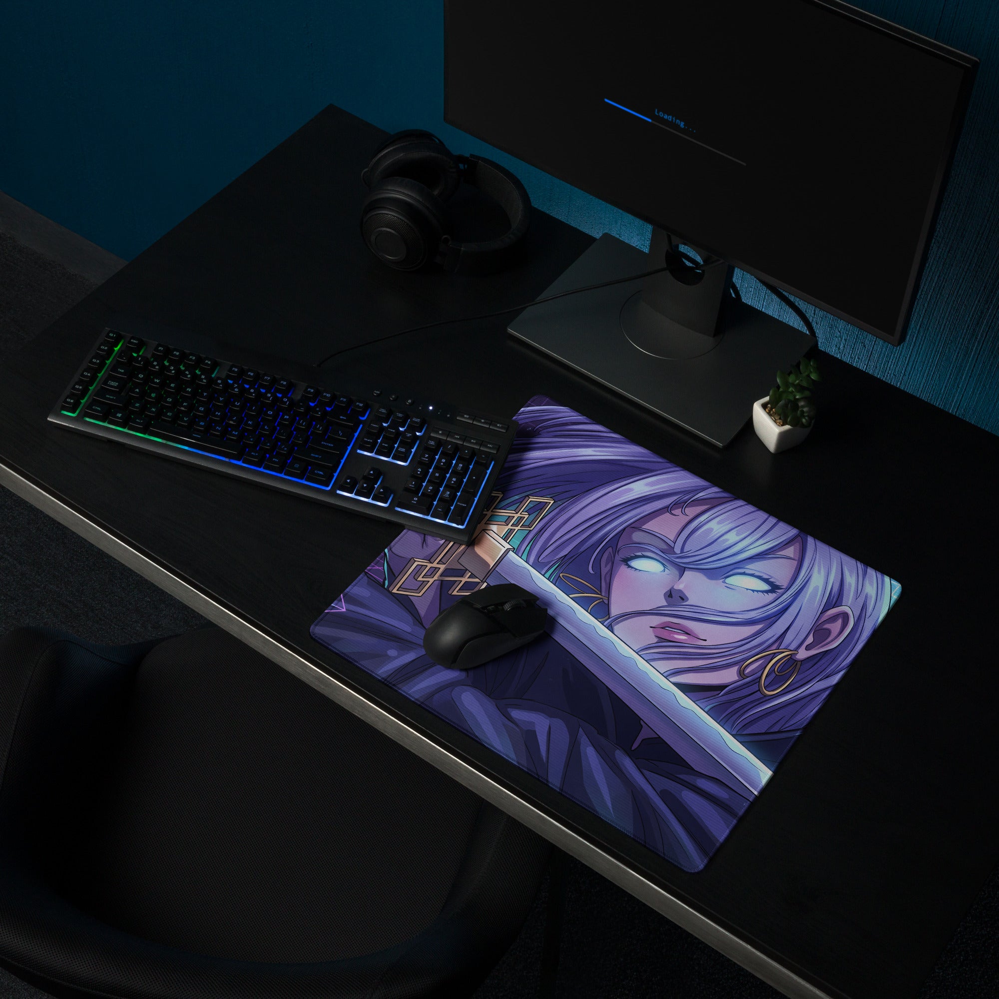 Purple vaporwave neon anime gaming mousepad with silver-haired character holding sword in retro digital art style