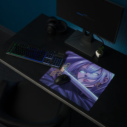 Purple vaporwave neon anime gaming mousepad with silver-haired character holding sword in retro digital art style