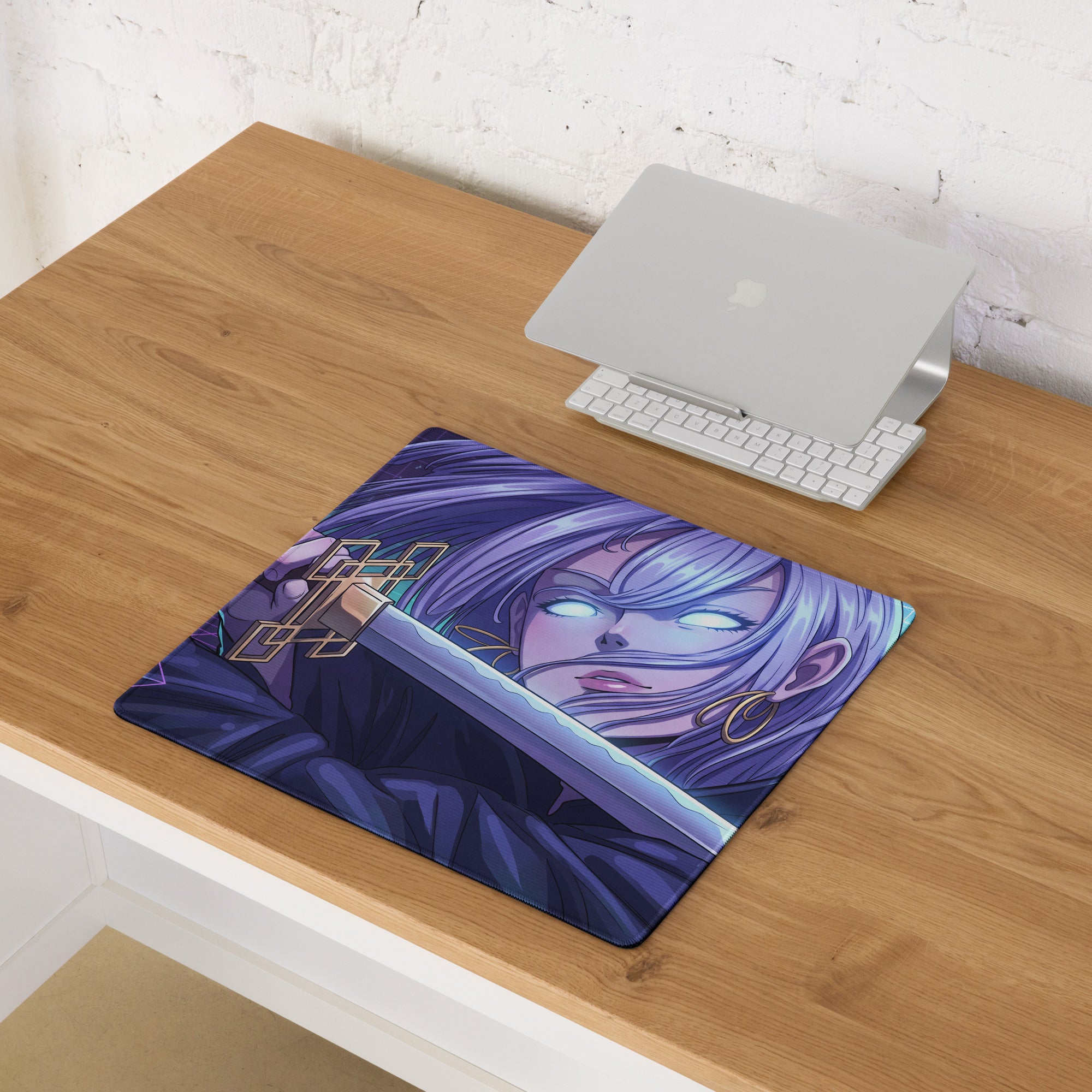 Purple vaporwave anime mousepad featuring a character with long silver hair glowing blue eyes holding a sword
