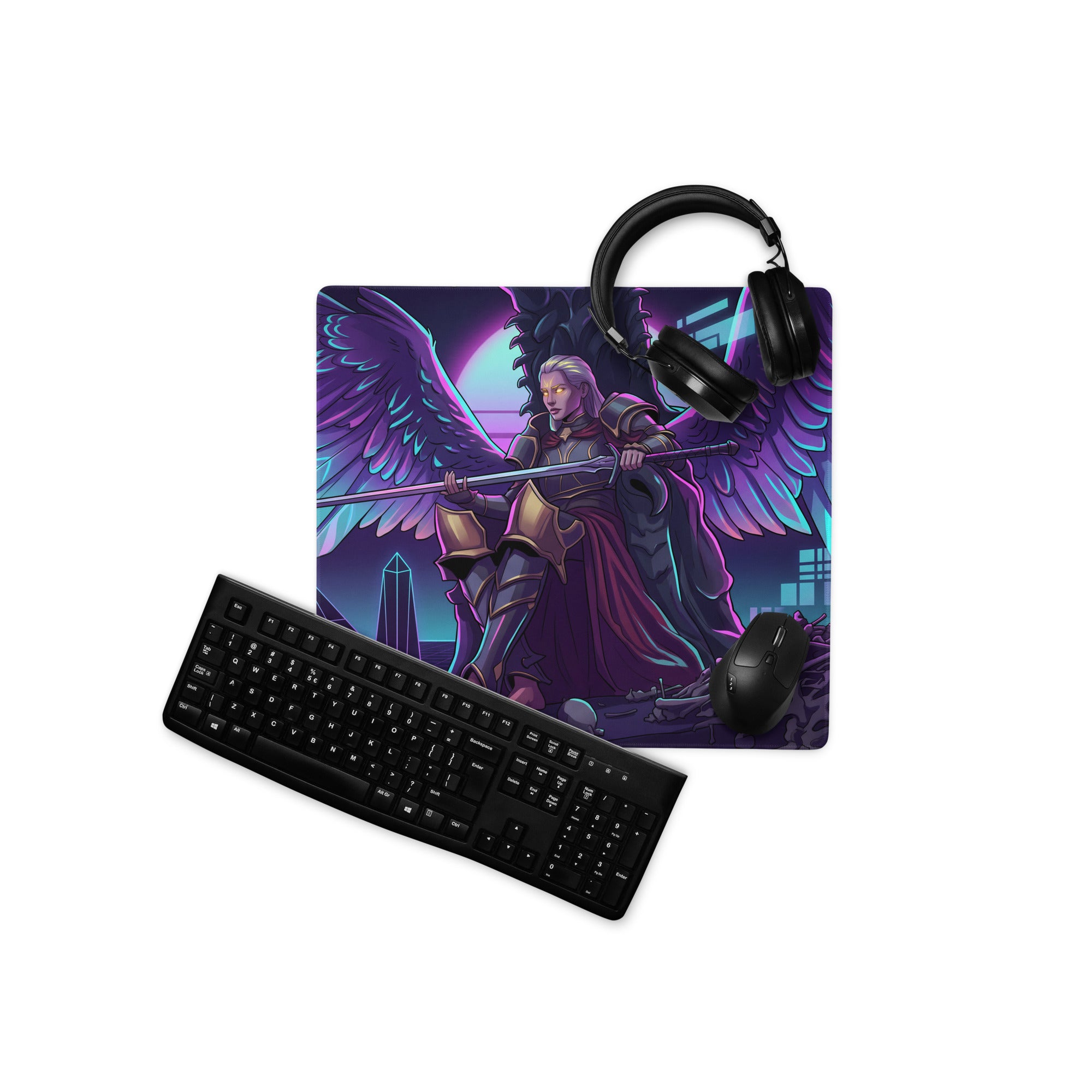 Vibrant purple and blue neon gaming mousepad with armored angel wings design under black keyboard and mouse