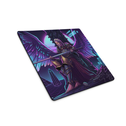 Purple and blue neon-themed gaming mouse pad featuring a winged fantasy warrior for cyberpunk desk setups