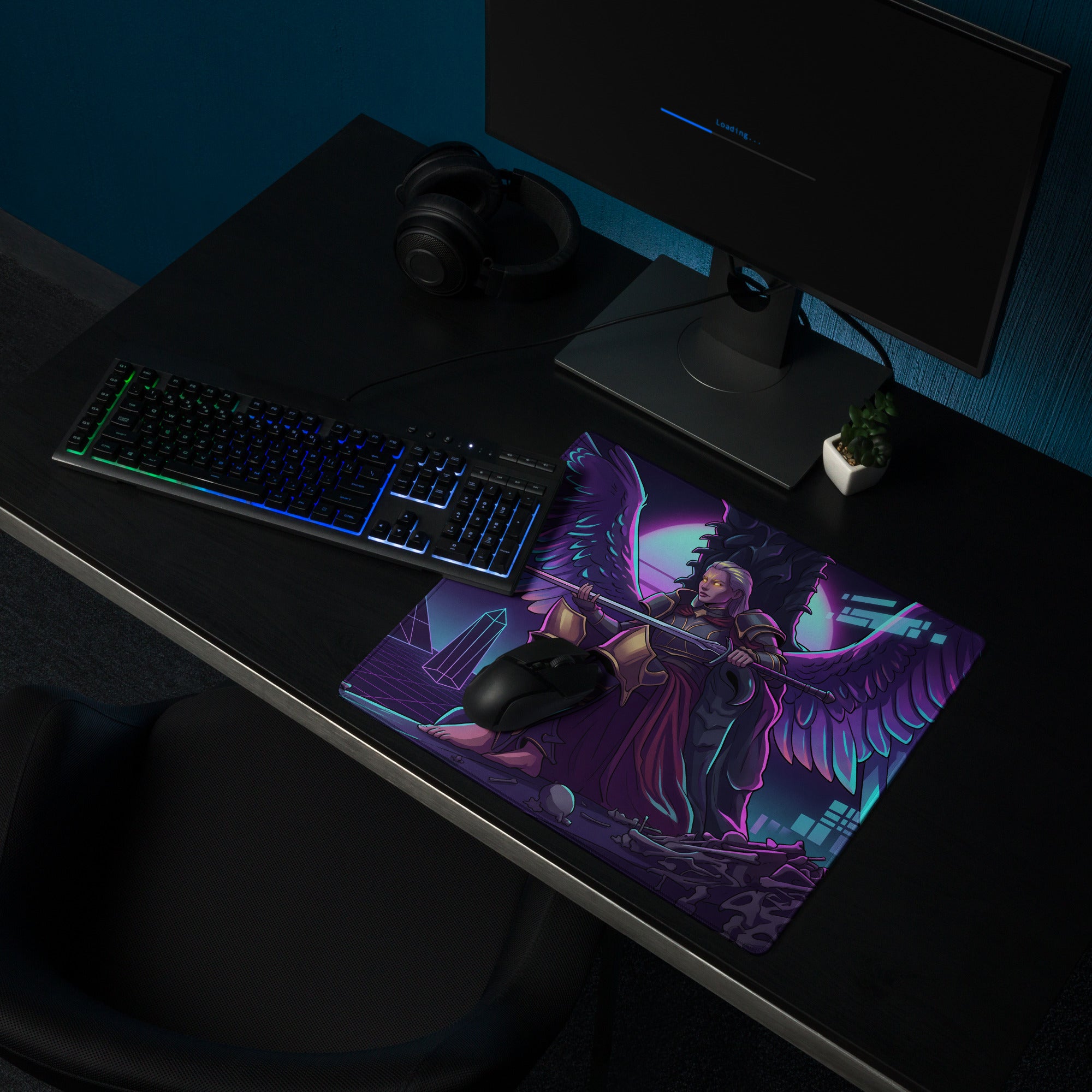 Vibrant purple and teal gaming mousepad with detailed angelic warrior wings illustration and futuristic cityscape design