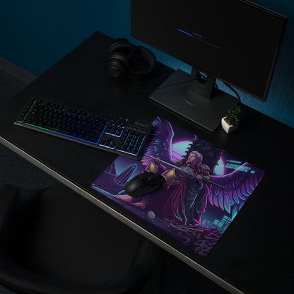 Vibrant purple and teal gaming mousepad with detailed angelic warrior wings illustration and futuristic cityscape design