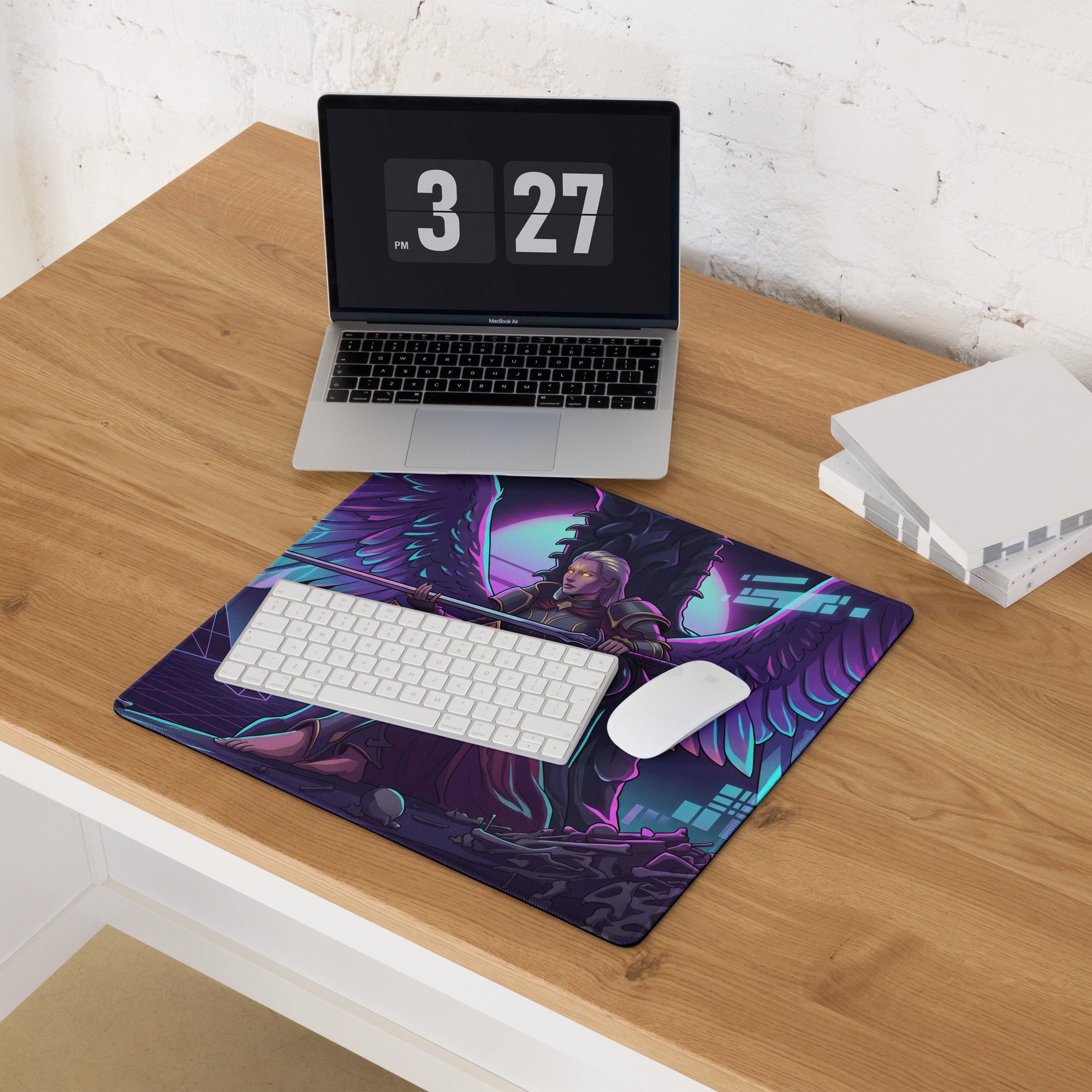 Purple and teal vinyl gaming mousepad featuring a winged warrior design for cyberpunk and vaporwave desk setups