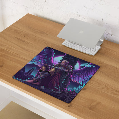 Rectangular gaming mouse pad with vibrant angelic warrior in purple cyan neon cyberpunk style for desk use