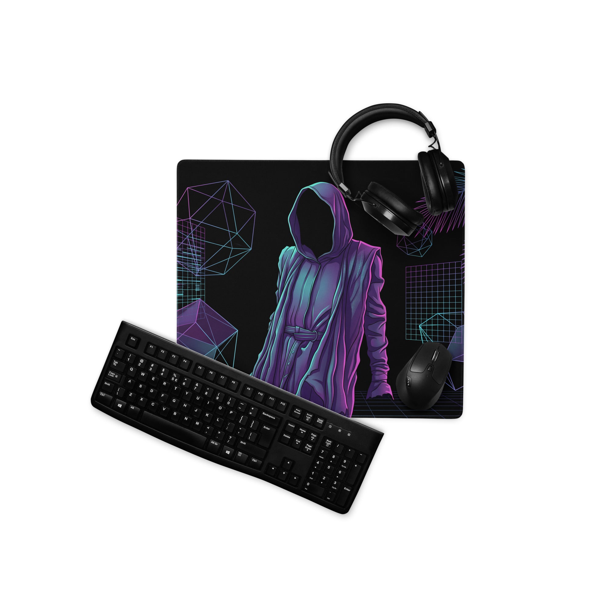 Black neon vaporwave hooded gaming mouse pad with purple and blue hooded figure and geometric patterns