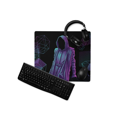 Black neon vaporwave hooded gaming mouse pad with purple and blue hooded figure and geometric patterns