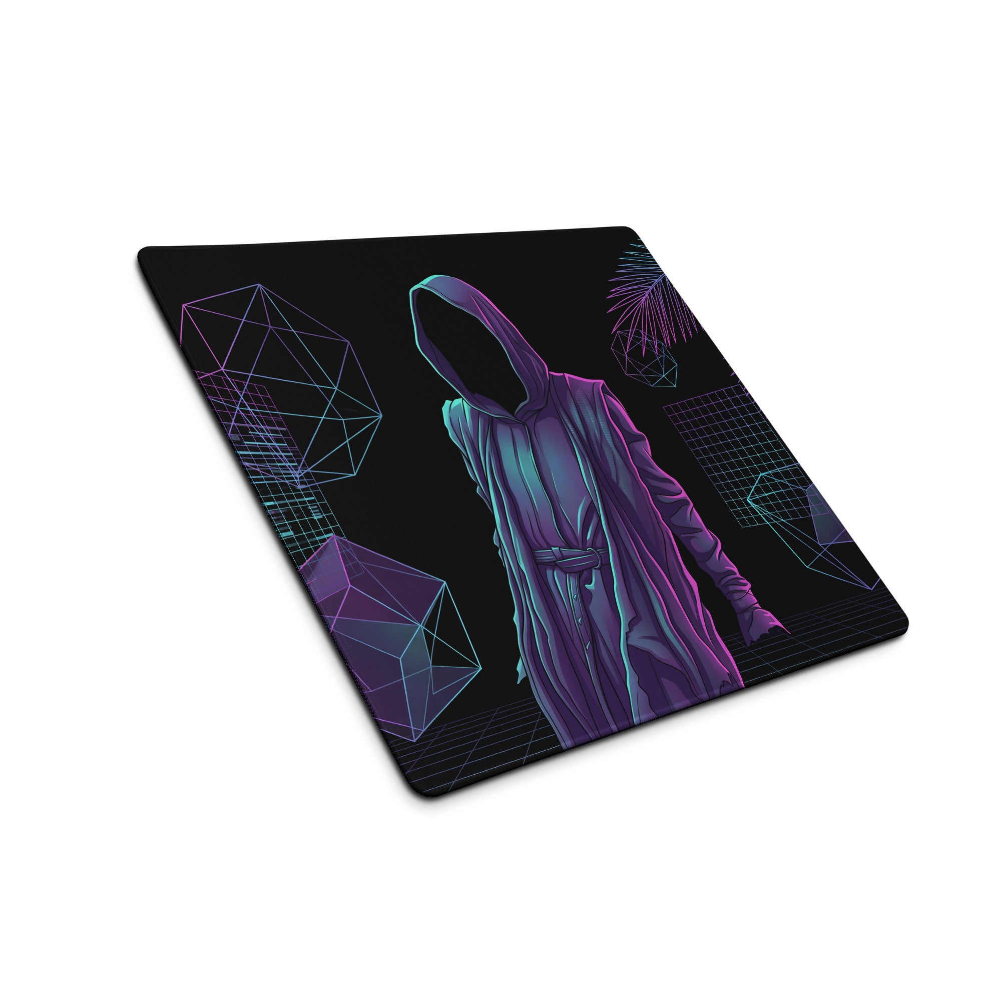 Navy blue rectangular mousepad with glowing purple and teal neon vaporwave hooded figure digital art design