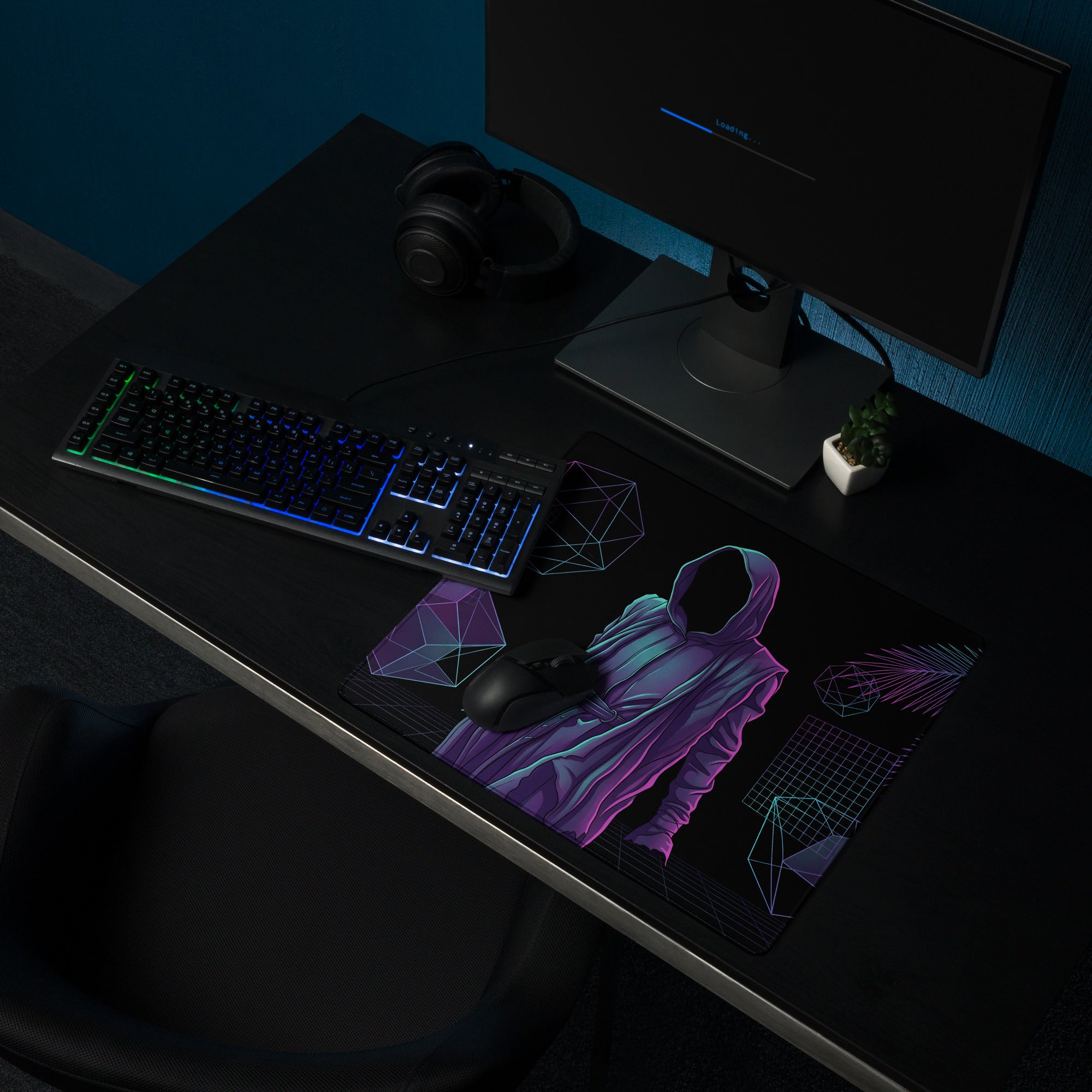 A black gaming mousepad with neon purple and blue vaporwave design of a hooded figure and geometric patterns