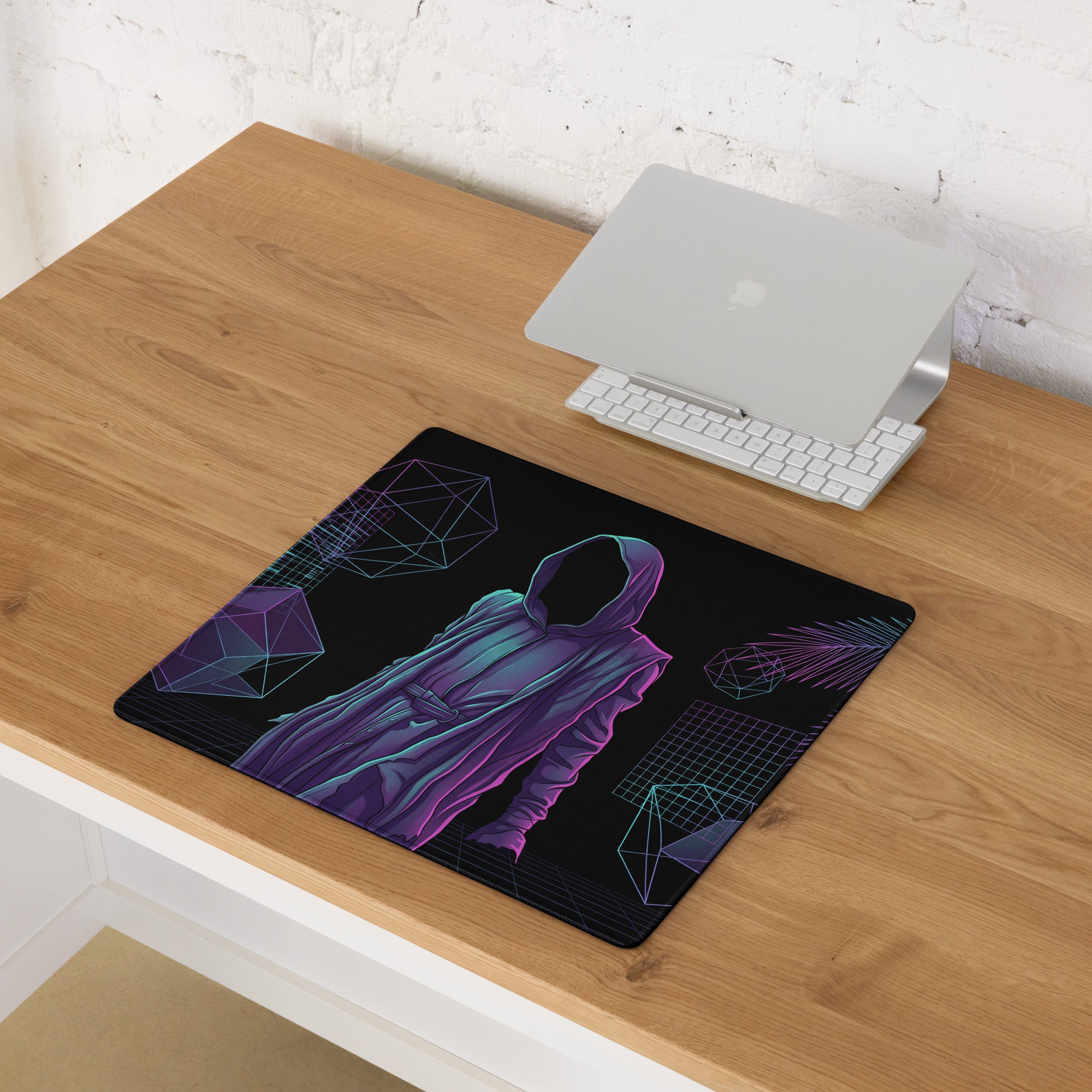 Black mousepad featuring a neon purple and teal futuristic hooded figure with geometric wireframe shapes vaporwave design