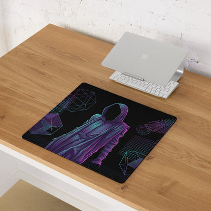 Black mousepad featuring a neon purple and teal futuristic hooded figure with geometric wireframe shapes vaporwave design