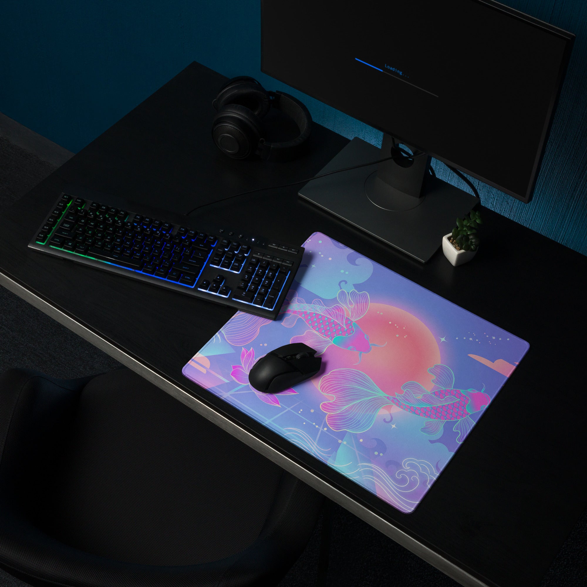 Vaporwave Sunset Koi Gaming Mouse Pad - Gaming Mouse Pad Purple Pink Gradient Desk Setup Vaporwave Dreamy Neon Retro Futurism Koi Digital Art