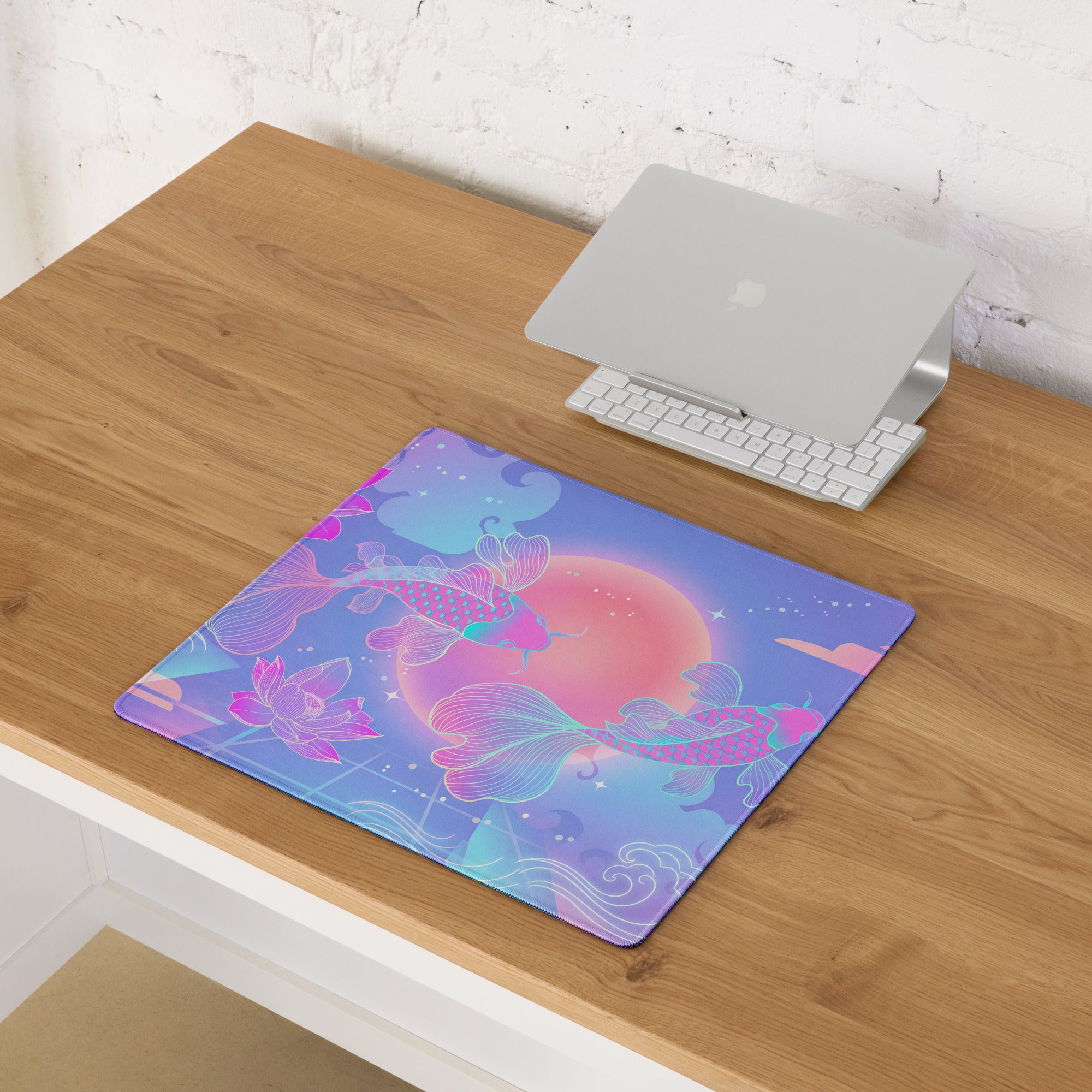 Vaporwave Sunset Koi Gaming Mouse Pad - Gaming Mouse Pad Purple Pink Gradient Desk Setup Vaporwave Dreamy Neon Retro Futurism Koi Digital Art