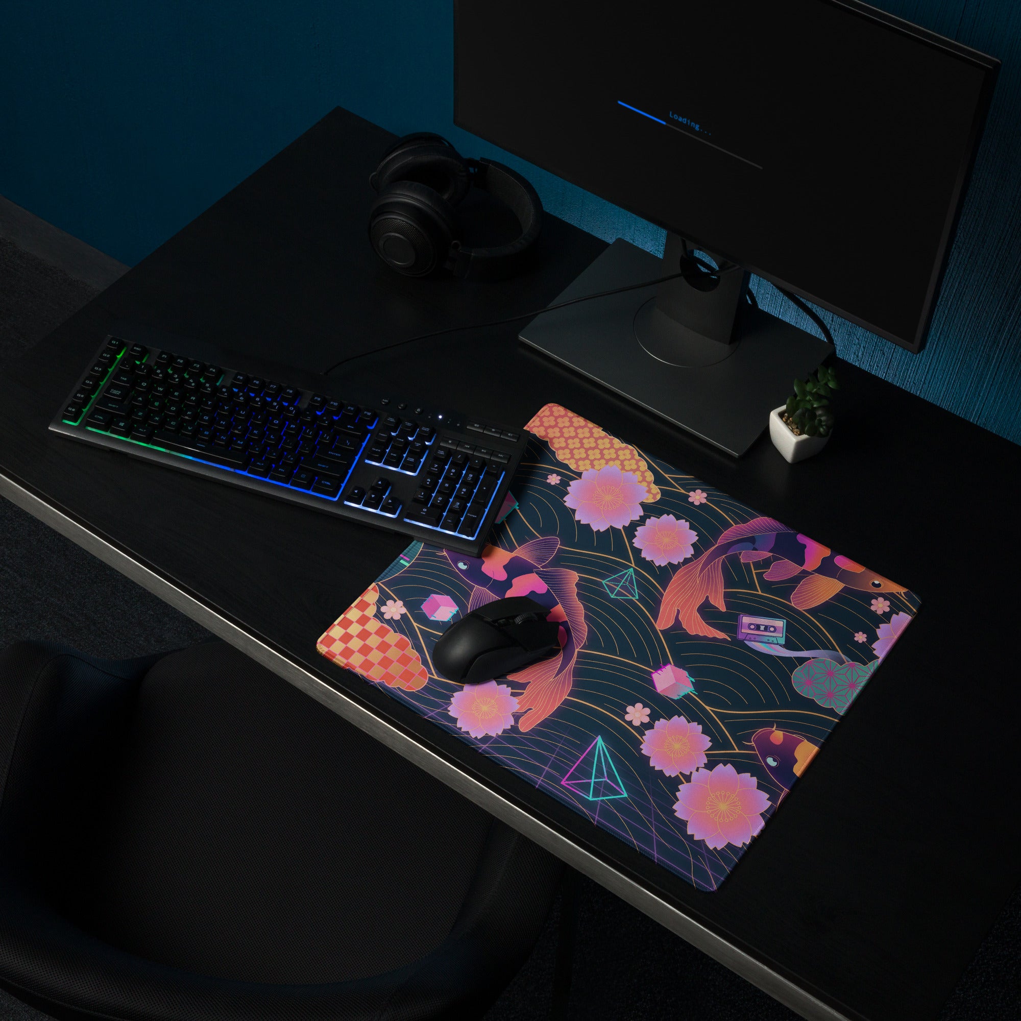 Neon Vaporwave Koi Desk Pad - Koi Fish Neon Pink Purple Gaming Desk Vaporwave Dreamy Neon Mood Retro Decor Digital Print