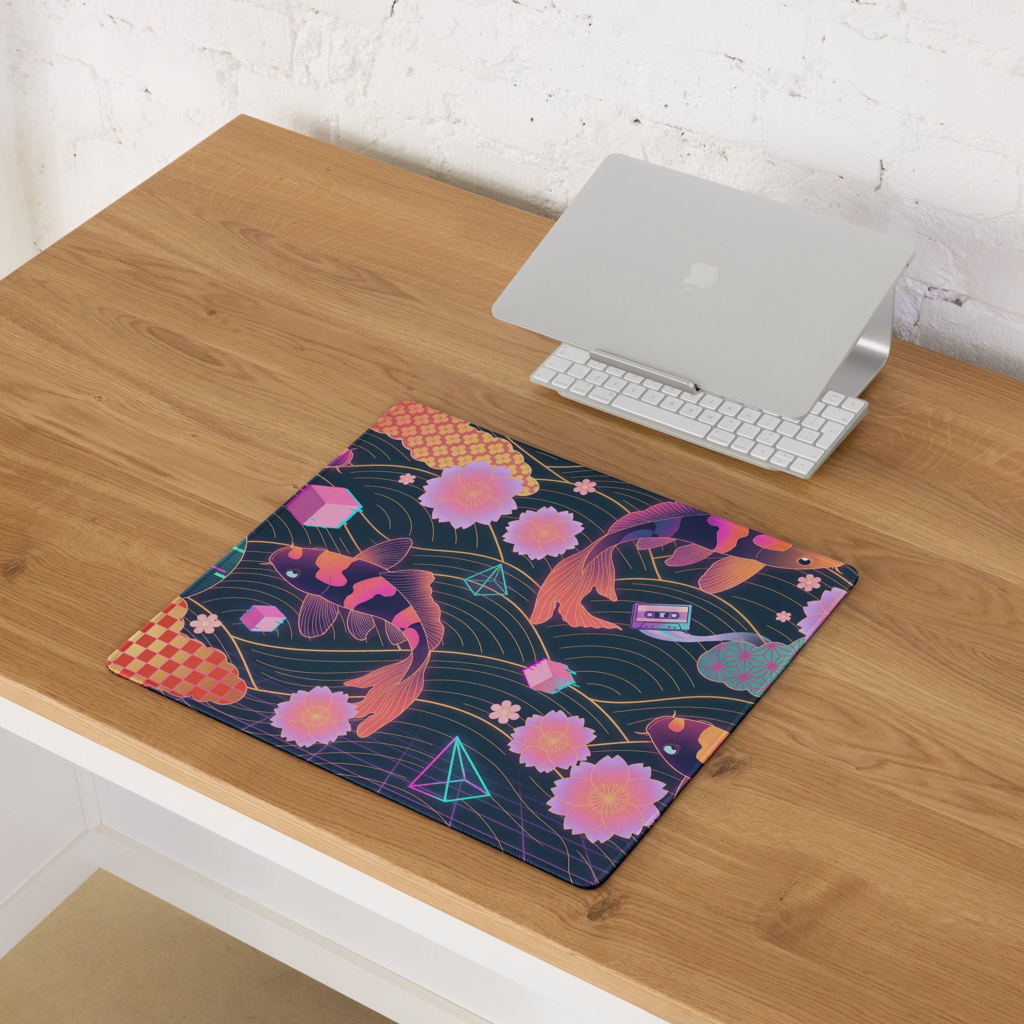 Neon Vaporwave Koi Desk Pad - Koi Fish Neon Pink Purple Gaming Desk Vaporwave Dreamy Neon Mood Retro Decor Digital Print