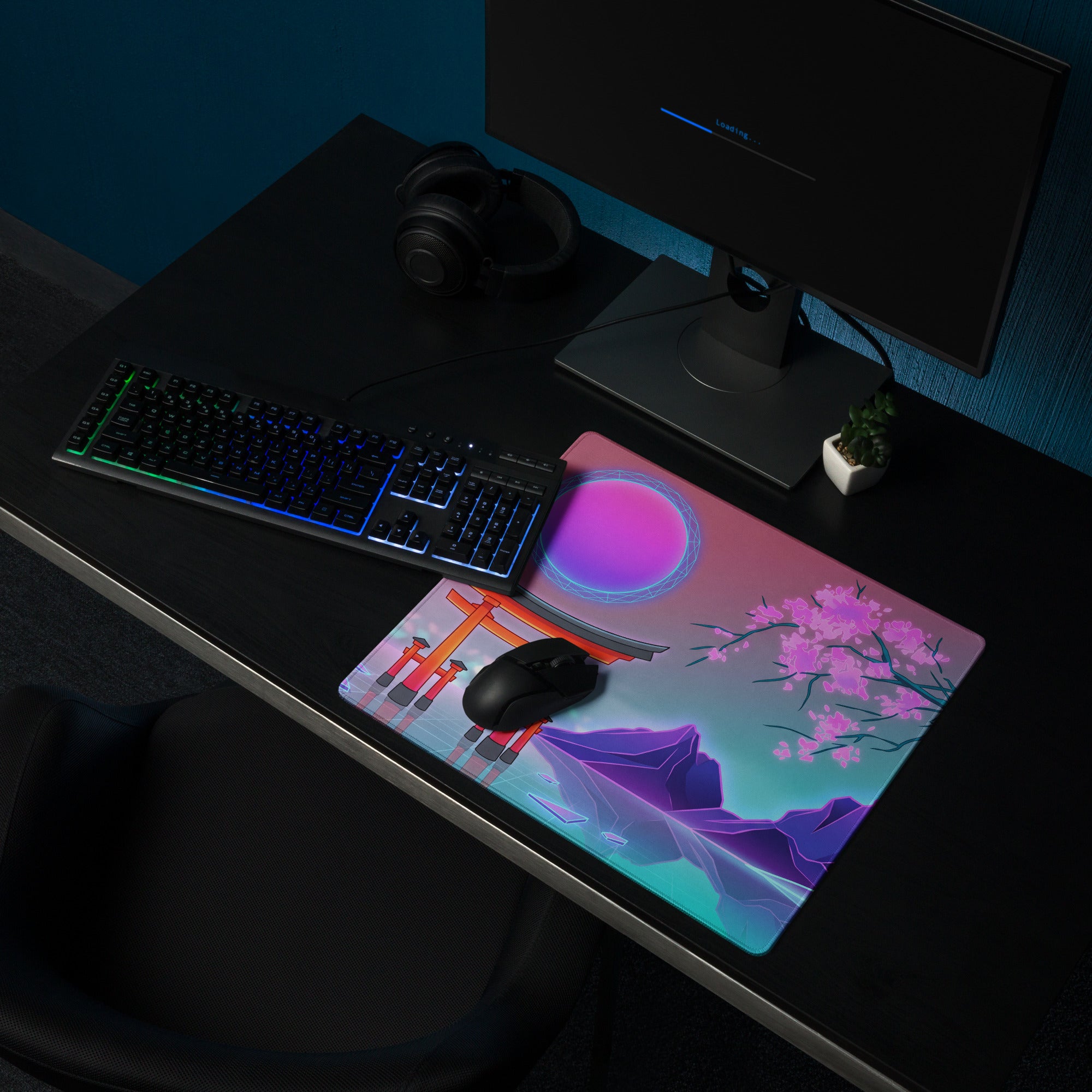 Vaporwave Neon Blossom Pad - Mouse Pad Pink Cyan Desk Setup Vaporwave Dreamy Retro Futuristic Aesthetic Digital Art