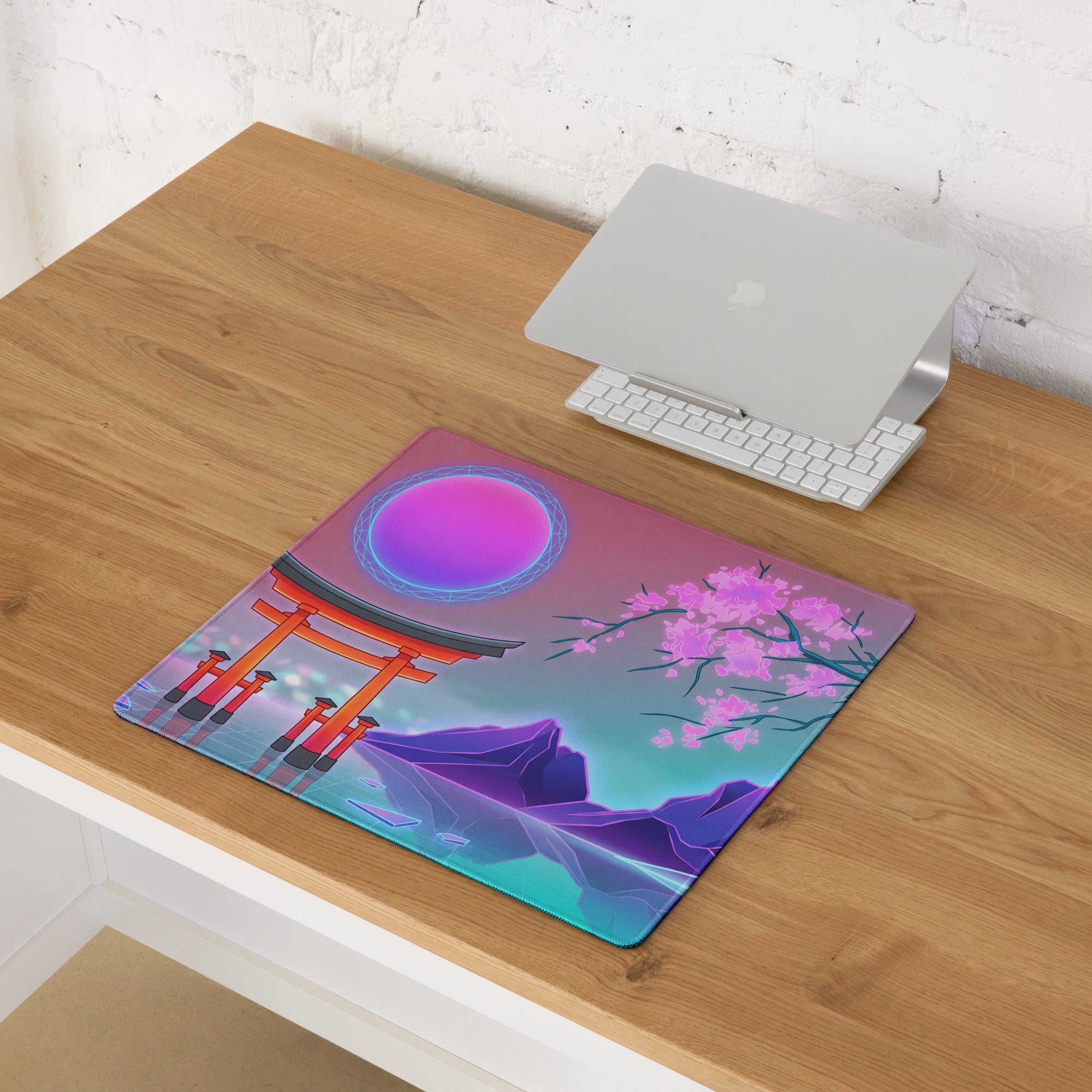 Vaporwave Neon Blossom Pad - Mouse Pad Pink Cyan Desk Setup Vaporwave Dreamy Retro Futuristic Aesthetic Digital Art
