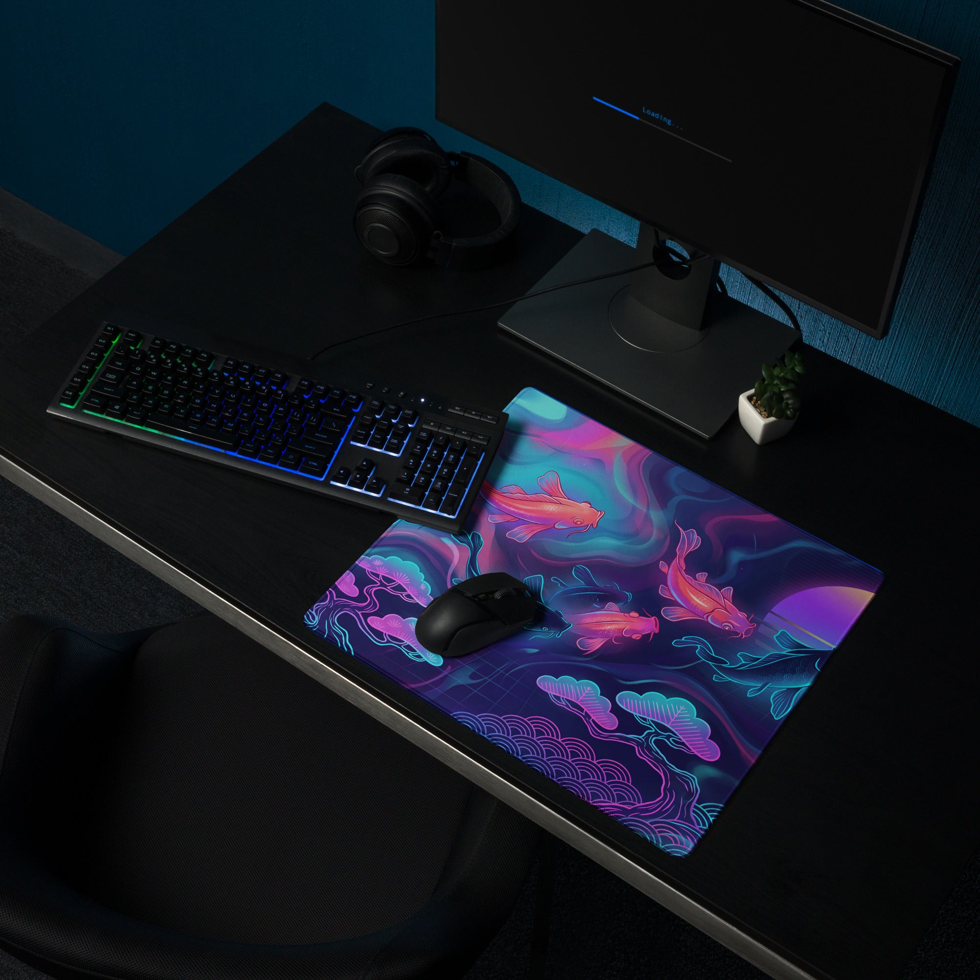 Neon Koi Vaporwave Mouse Pad - Koi Fish Neon Pink Cyan Vaporwave Vibrant Mood Neon Synthwave Decor Large Pad Digital Art