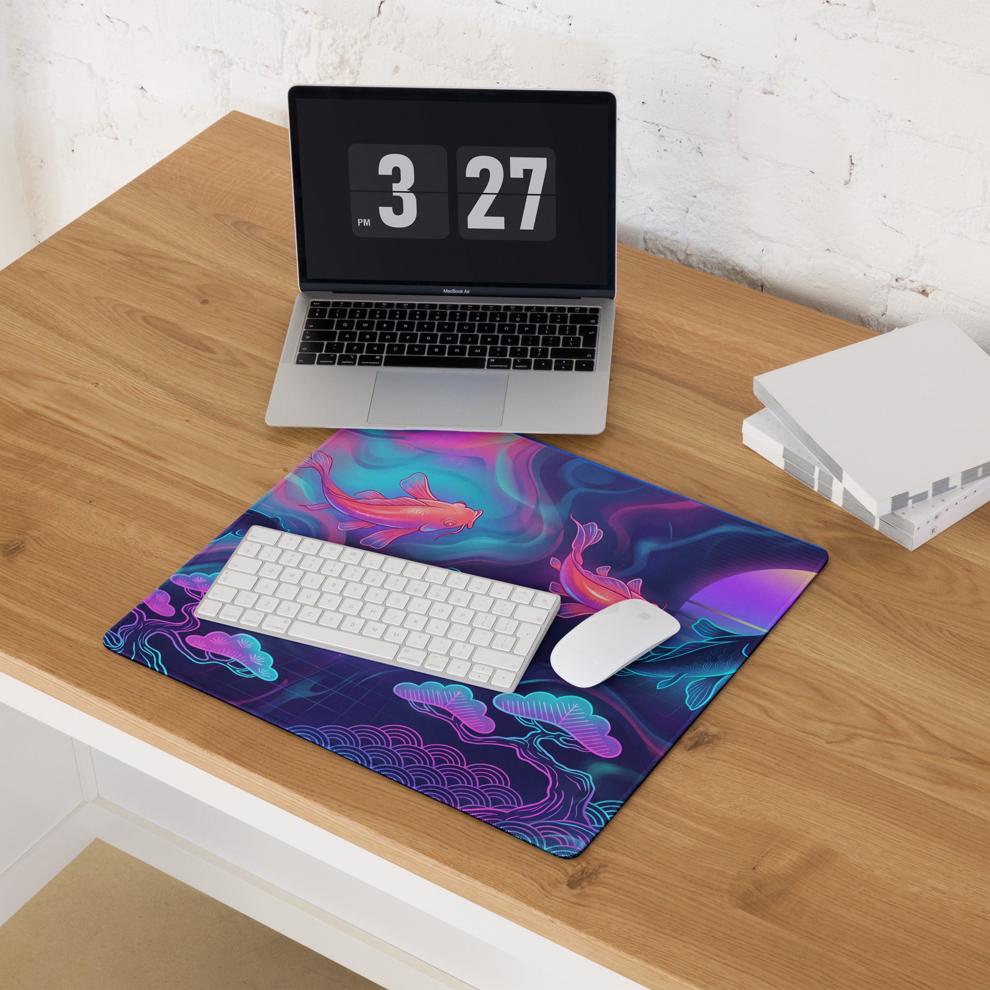 Neon Koi Vaporwave Mouse Pad - Koi Fish Neon Pink Cyan Vaporwave Vibrant Mood Neon Synthwave Decor Large Pad Digital Art