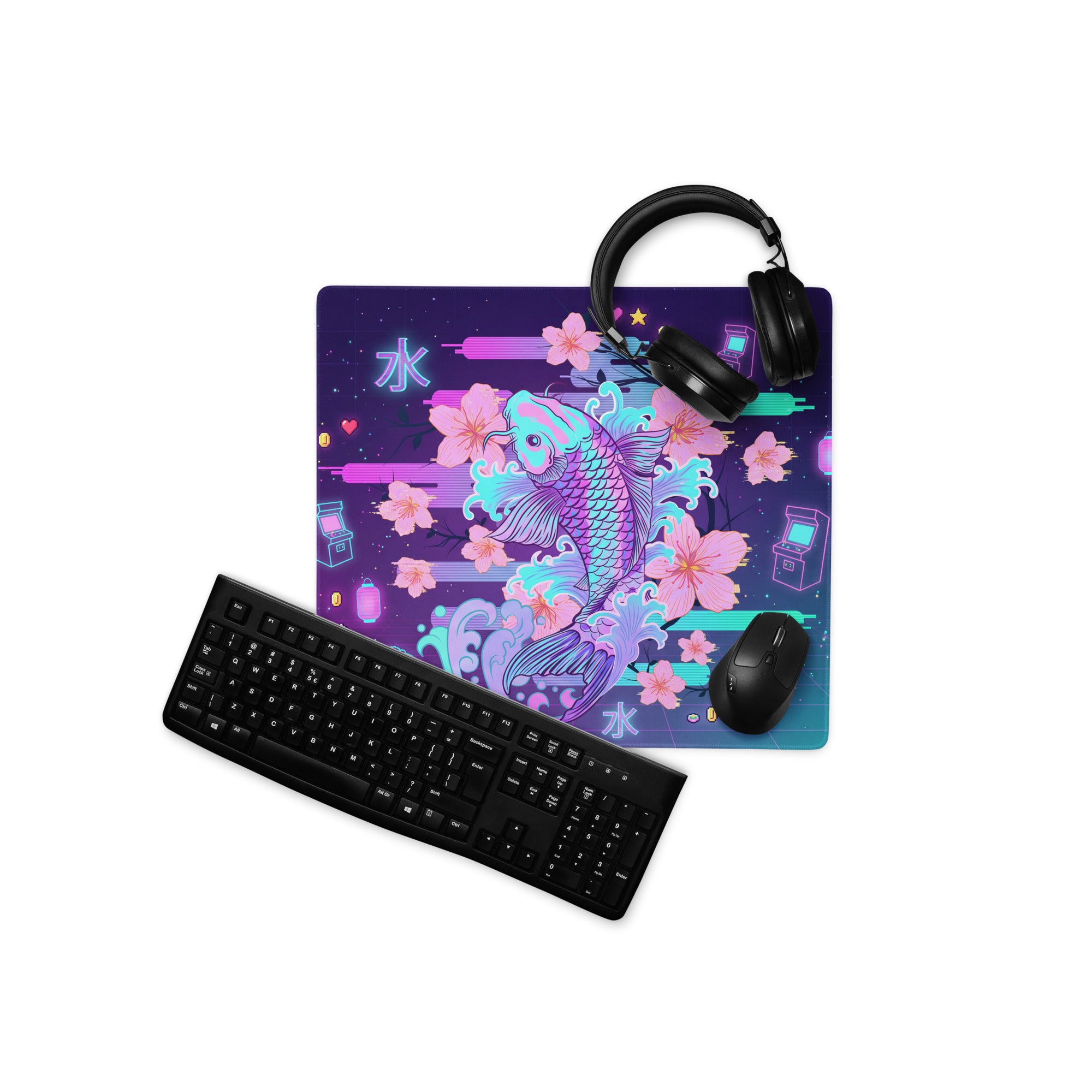 Neon Koi Vaporwave Mouse Pad - Mouse Pad Neon Purple Pink Vaporwave Dreamy Neon Aesthetic Gaming Desk Mat Digital Art