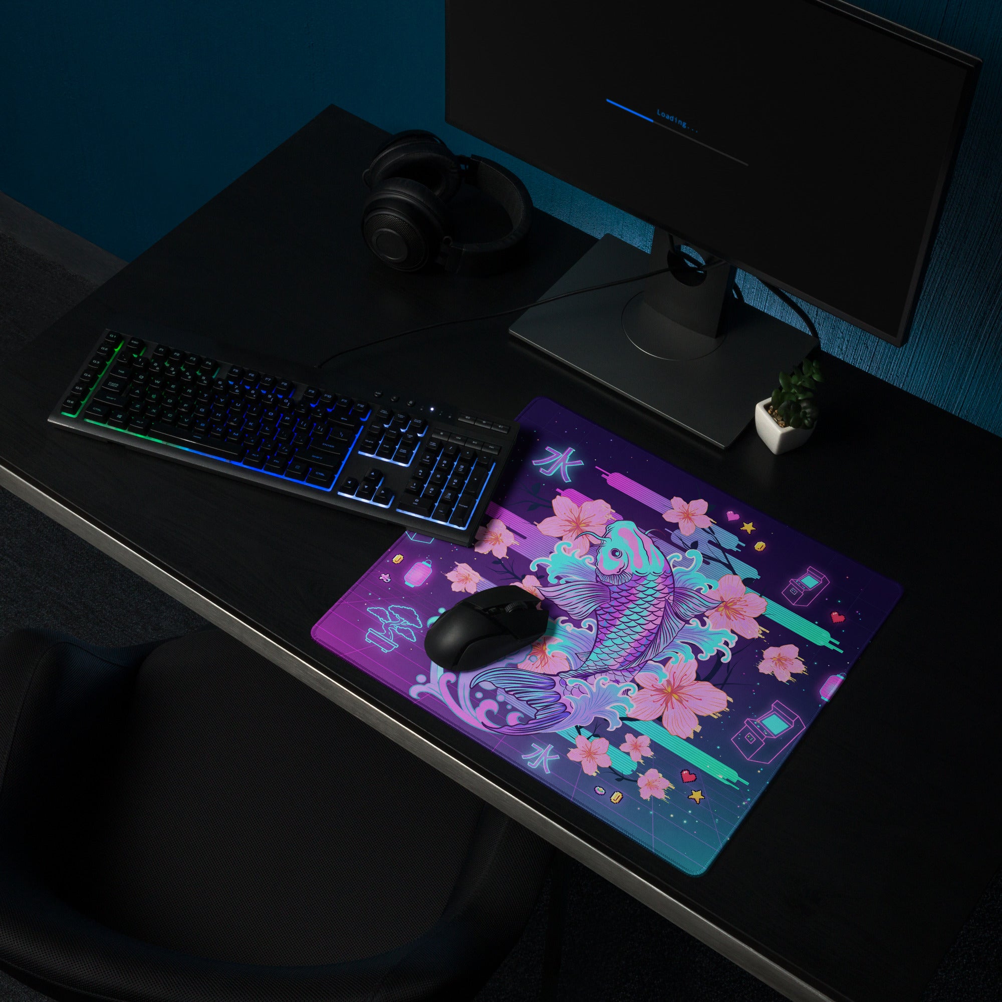 Neon Koi Vaporwave Mouse Pad - Mouse Pad Neon Purple Pink Vaporwave Dreamy Neon Aesthetic Gaming Desk Mat Digital Art