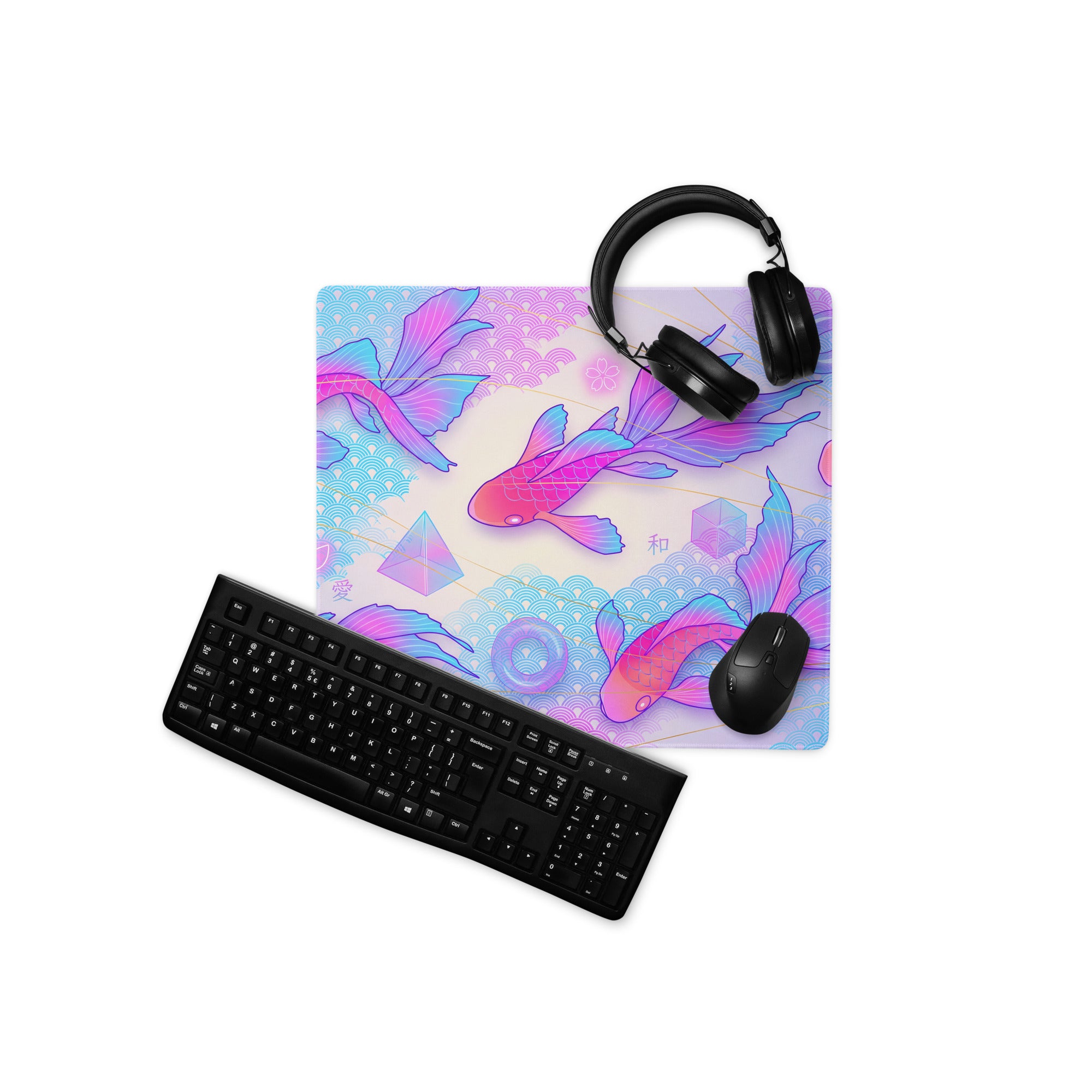 Vaporwave Koi Fish Gaming Pad - Koi Fish Pink Purple Blue Gaming Desk Vaporwave Neon Retro Futurism Mouse Pad Digital