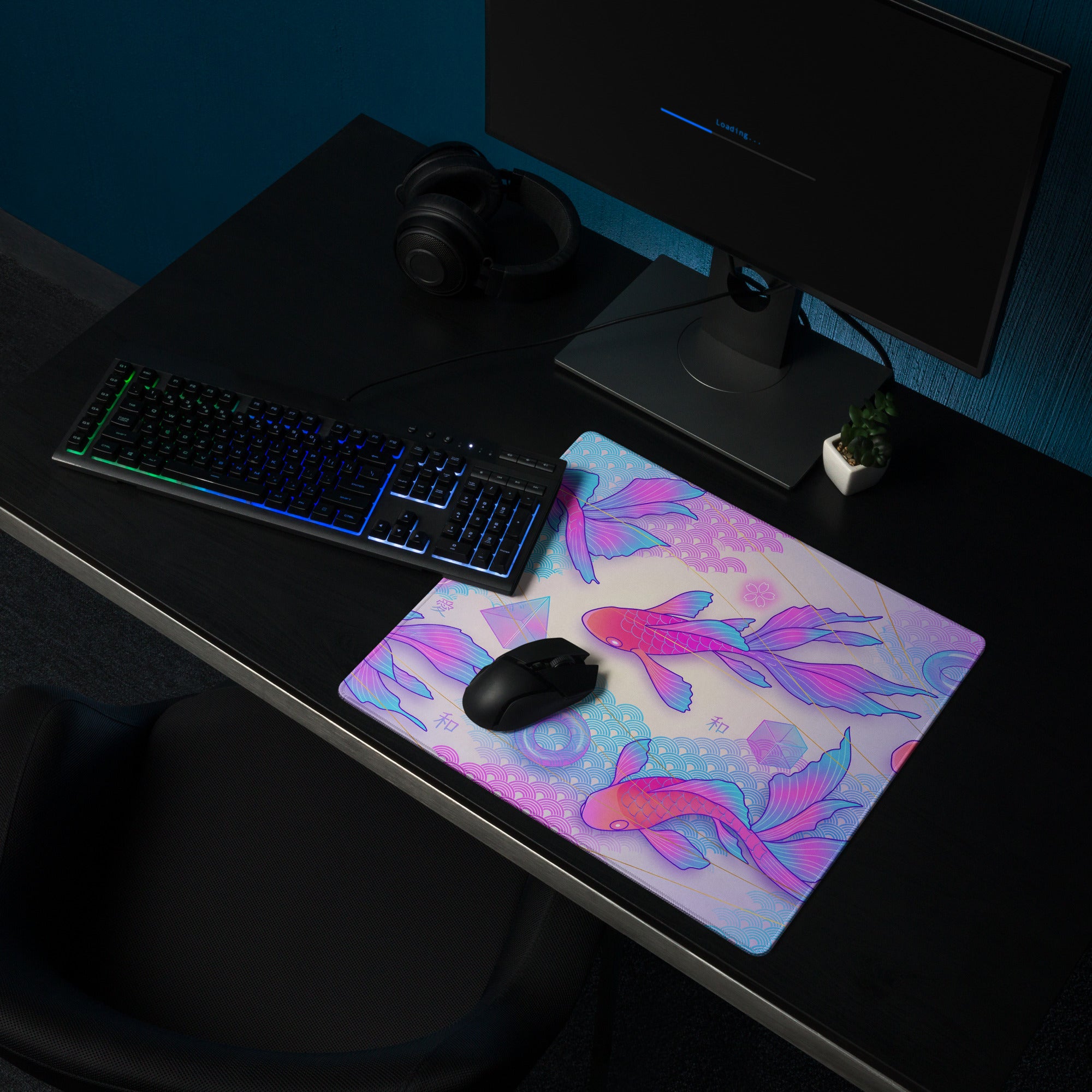 Vaporwave Koi Fish Gaming Pad - Koi Fish Pink Purple Blue Gaming Desk Vaporwave Neon Retro Futurism Mouse Pad Digital