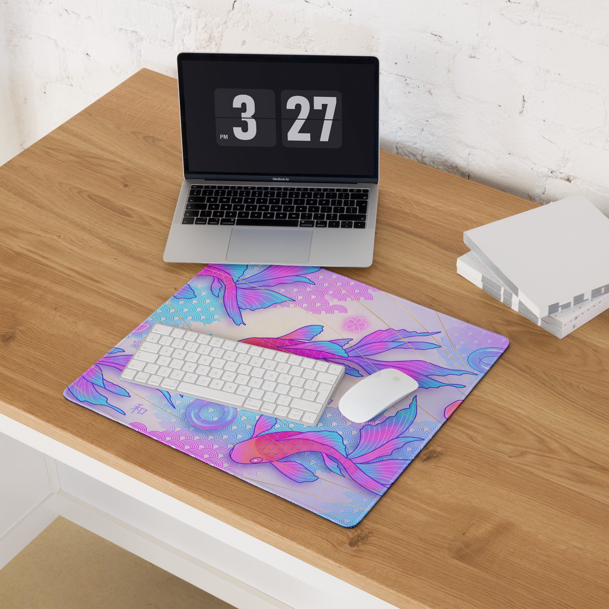 Vaporwave Koi Fish Gaming Pad - Koi Fish Pink Purple Blue Gaming Desk Vaporwave Neon Retro Futurism Mouse Pad Digital