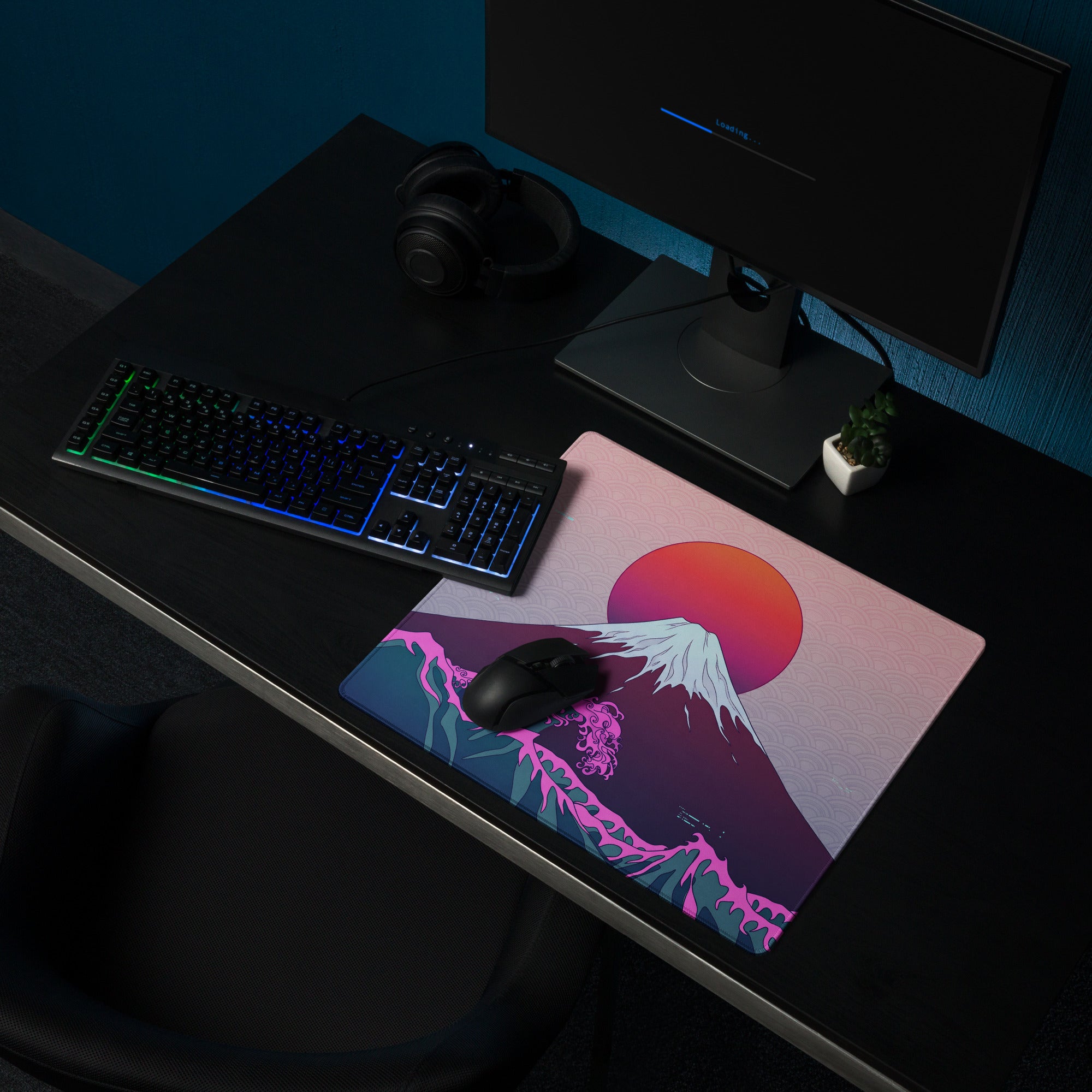 Vaporwave Fuji Desk Mat - Fuji Pink Purple Desk Setup Vaporwave Dreamy Neon Retro Futurism Gaming Mat Digital Art